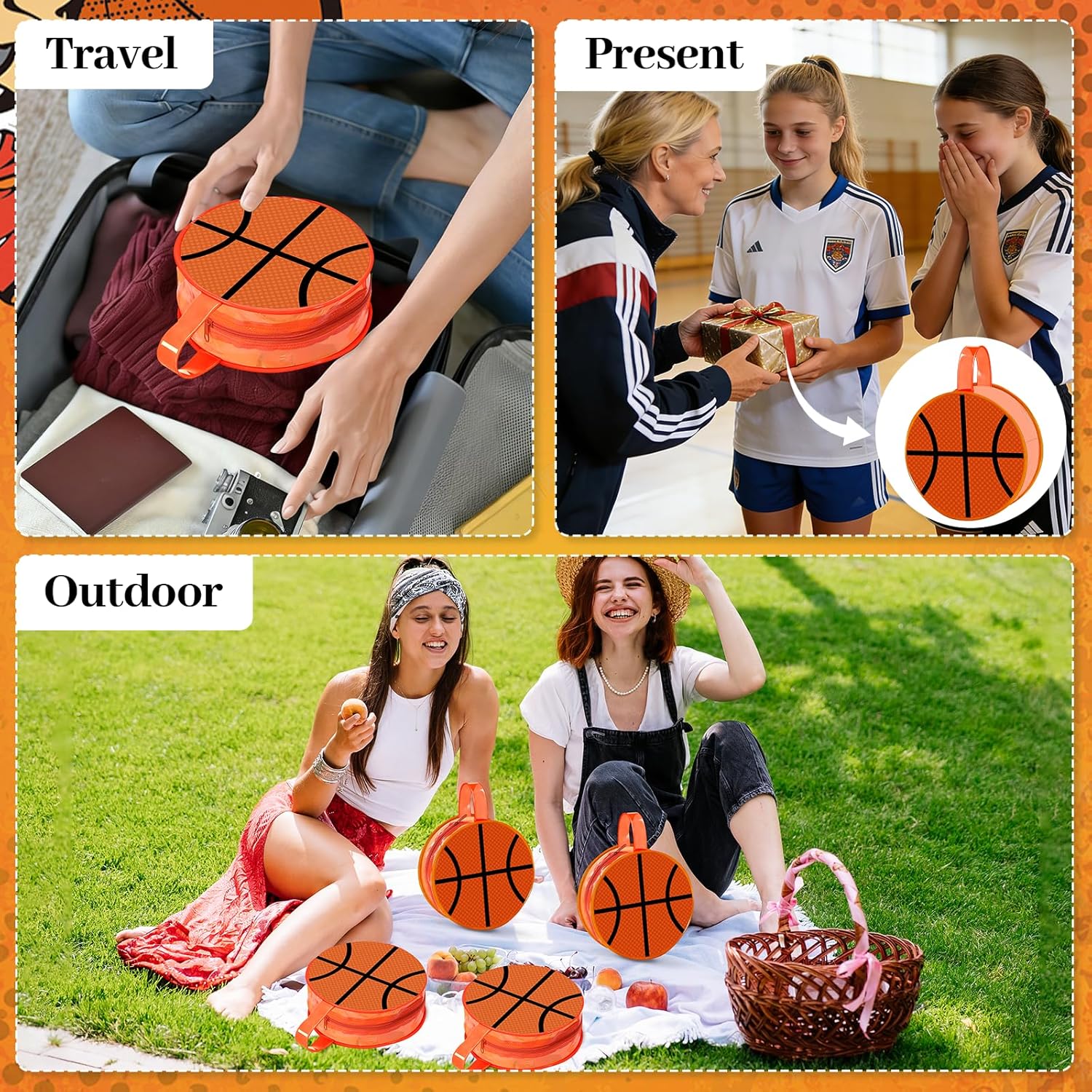 12PCS Basketball Cosmetic Bags Basketball Team Gifts Makeup Bags Sport Clear PVC Goodie Bag Round Portable Travel Toiletry Zipper Pouch Organizer for Coach Girls Sport Player Birthday Party Supplies