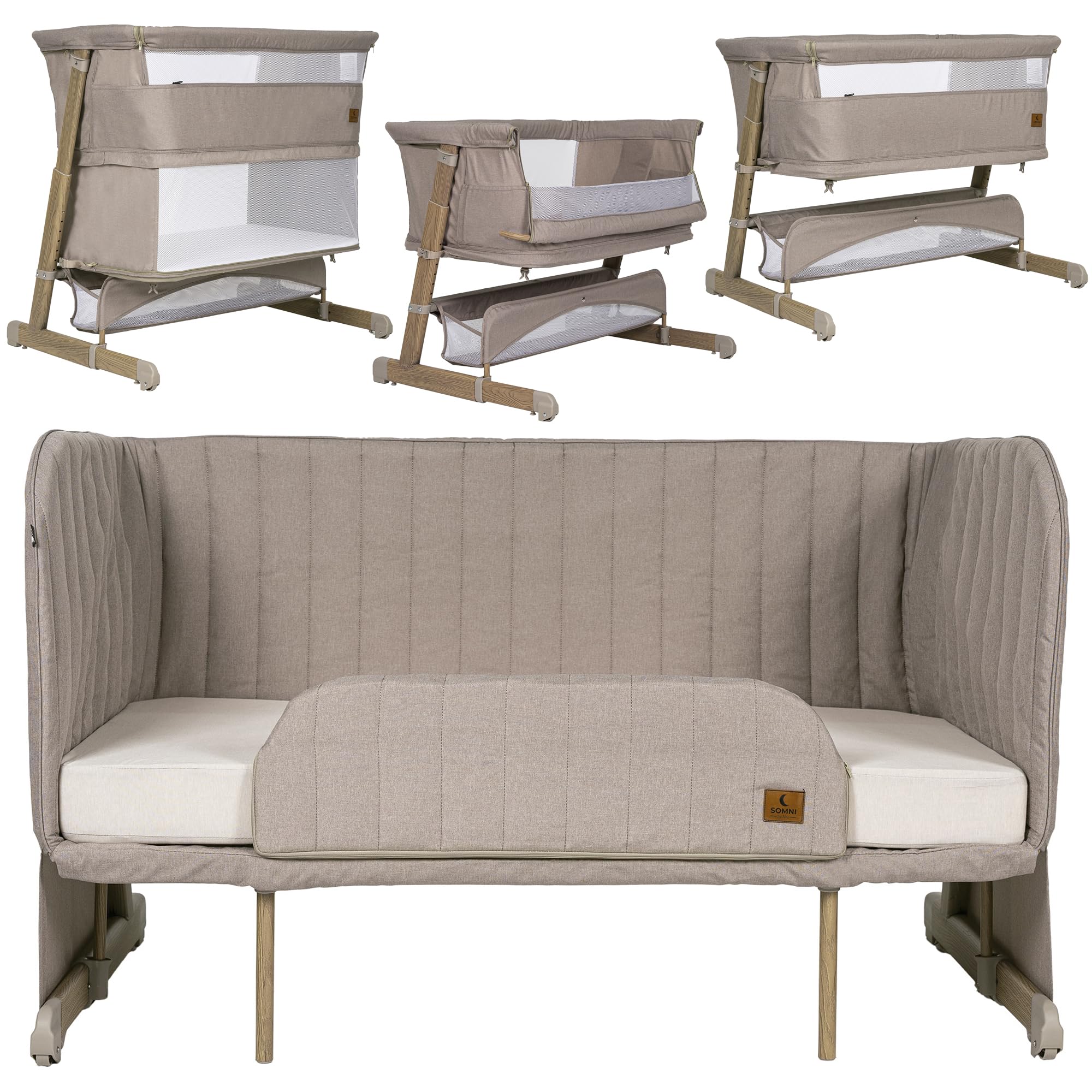 Olmitos – Cuna Bebe multifunción Colecho 4 en 1 Cama Infantil SOMNI evolutiva – Minicuna Convertible y Parque de Juegos 2 Niveles – Sofa Infantil Colchón viscoelástico 15cm con Barrera (Beige)