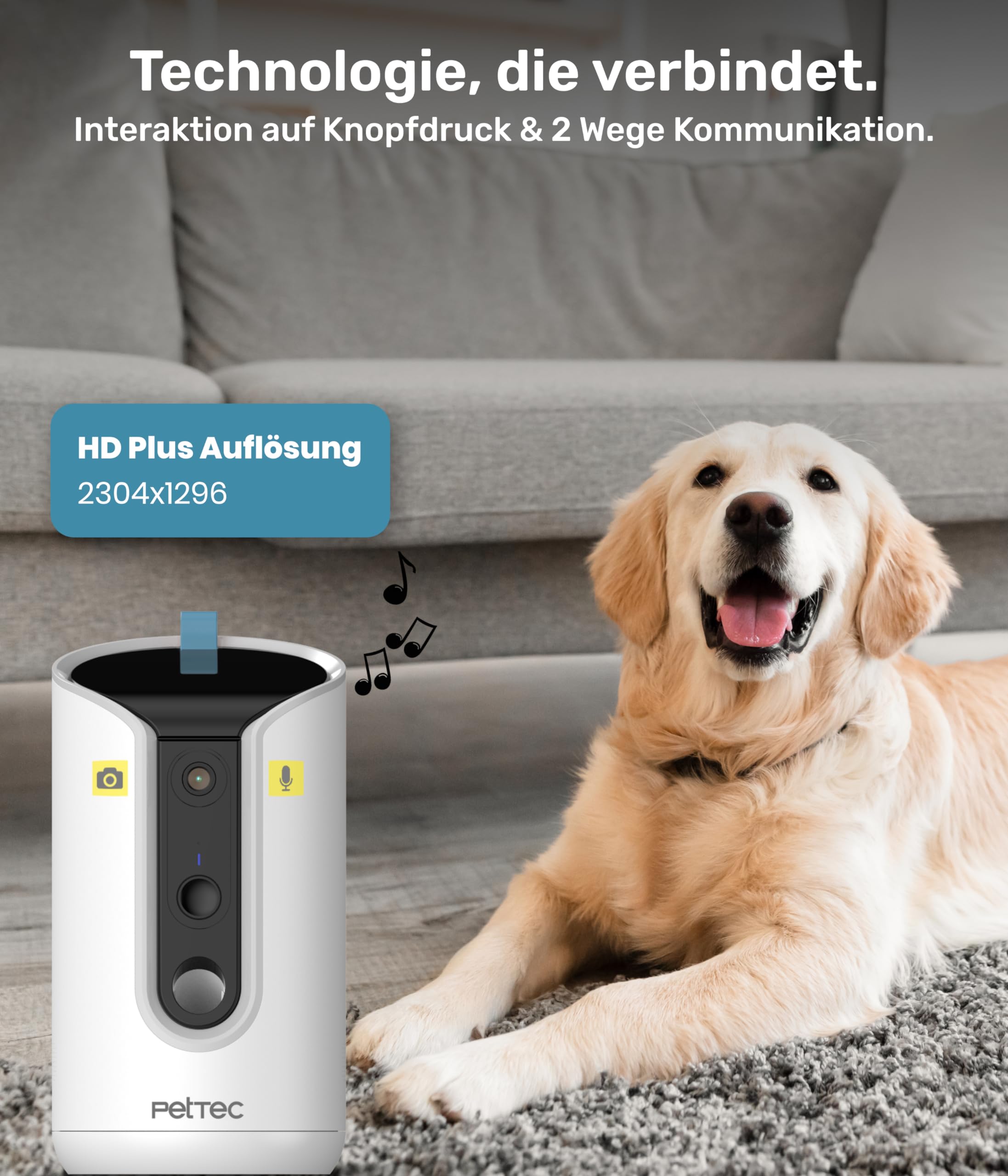 PetTec® Haustierkamera 360° und automatischer Futterspender mit Leckerliauswurf - via App & Multitaste - Bell-Erkennung - 3MP Nachtsichtfunktion - Hundekamera & Katzenkamera