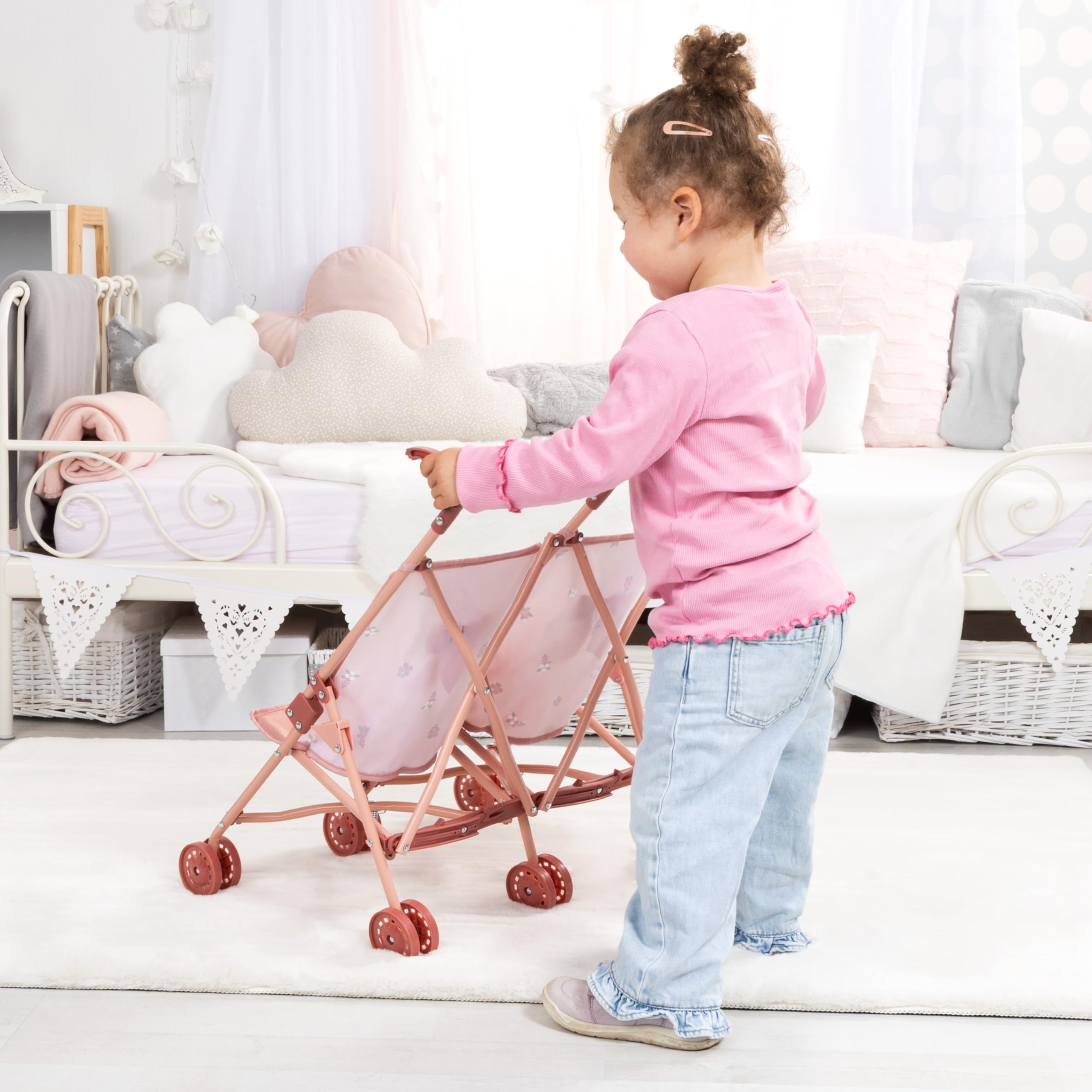 Bayer Design 30726AA Zwillingspuppenbuggy, Puppenwagen faltbar, Doppelräder, aus Metall, für Puppen bis 46 cm