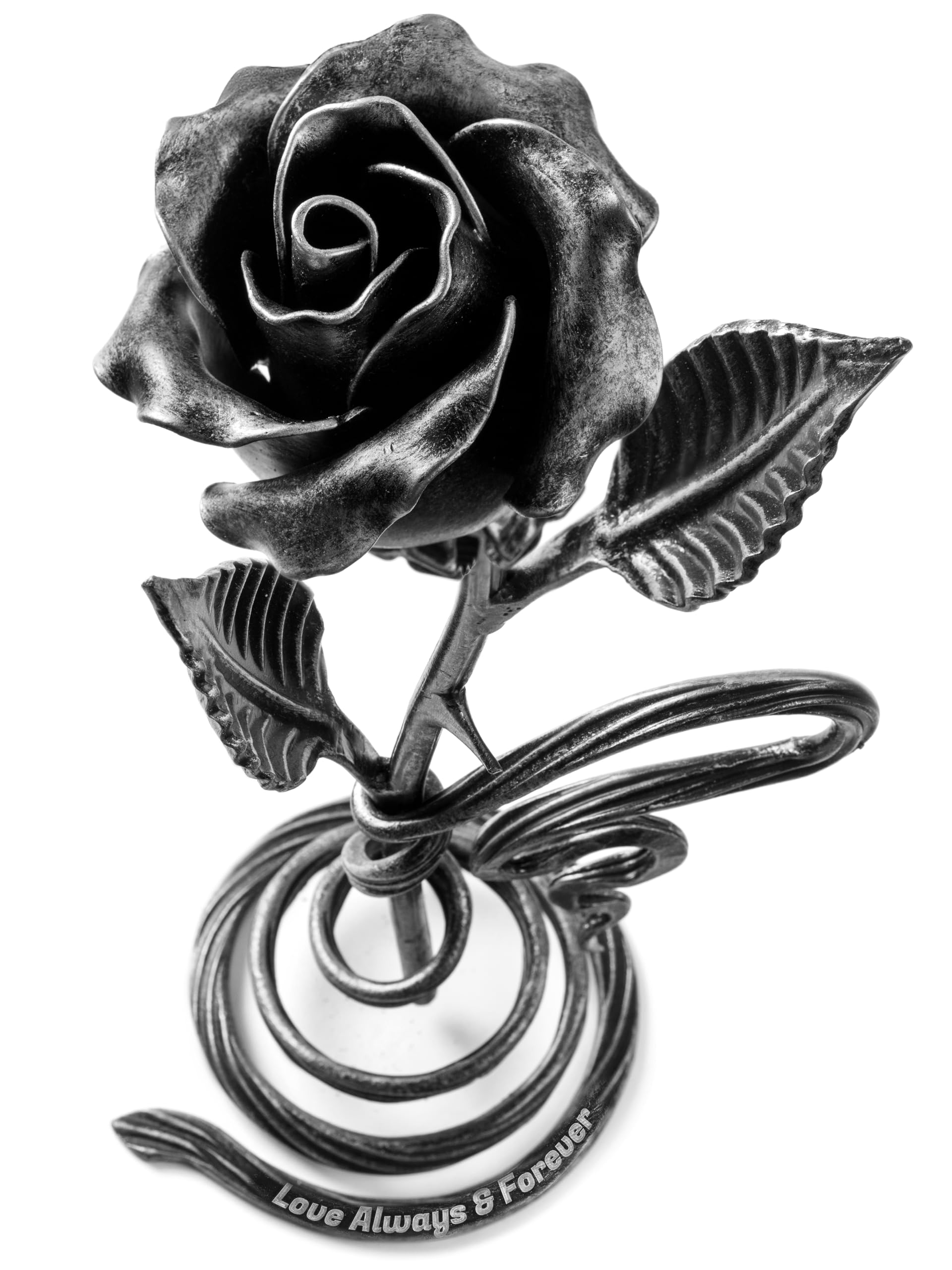 Hand-Forged Iron Rose with Engravable Steel Base – Personalized Eternal Metal Flower, 6th (Iron) or 11th (Steel) Wedding Romantic Handmade Rose for Wife or Couple