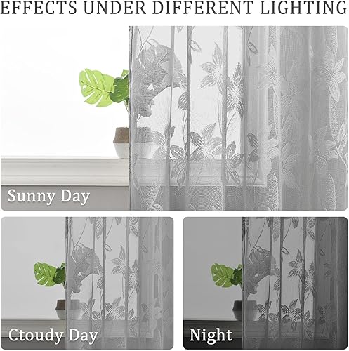 Miniatura 5 de DWCN Cortinas traslúcidas cortas grises para cocina, diseño de encaje floral, bolsillo para barra, cortinas traslúcidas de gasa para ventana, sala