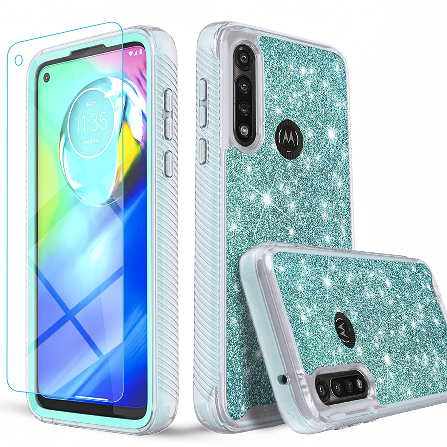 Circlemalls Compatible for Motorola Moto G Power 2020 Case, [Not Fit Moto G Power 2021] with [Tempered Glass Screen Protector], Military Grade 12 Feet Drop Proof Phone Cover Glitter Spot Diamond-Teal