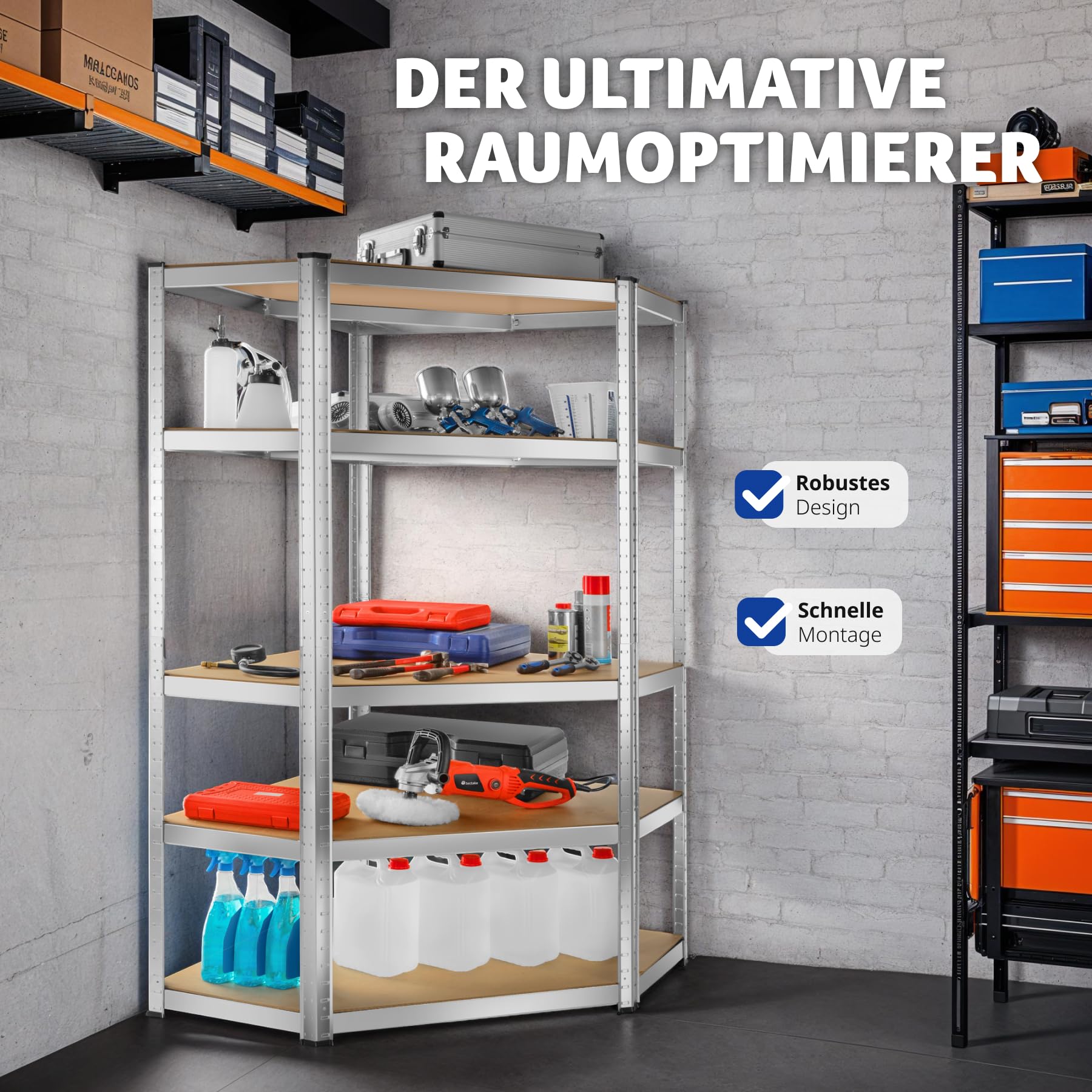 tectake® Werkstattregal, Schwerlastregal Eckregal mit 5 Böden, Metall Lagerregal, Kellerregal, Zubehör für Garage, Organizer für Abstellraum, Steckregal, für Aufbewahrung, Lastenregal - 875 kg