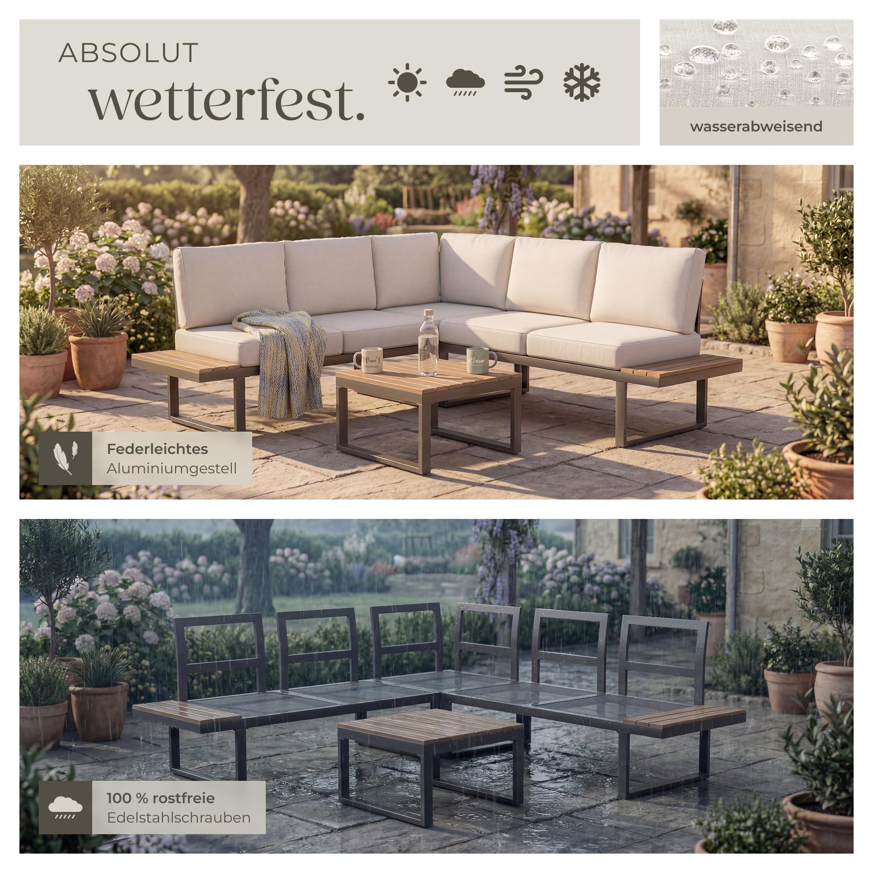 tectake® Gartenlounge Set 4-teilig, wetterfest, Gartenmöbel mit Aluminium-Gestell und Polywood-Tisch, verstellbare Rückenlehne, Gartenmöbel Set mit Kissen, Gartenlounge für Garten, Balkon, Terrasse