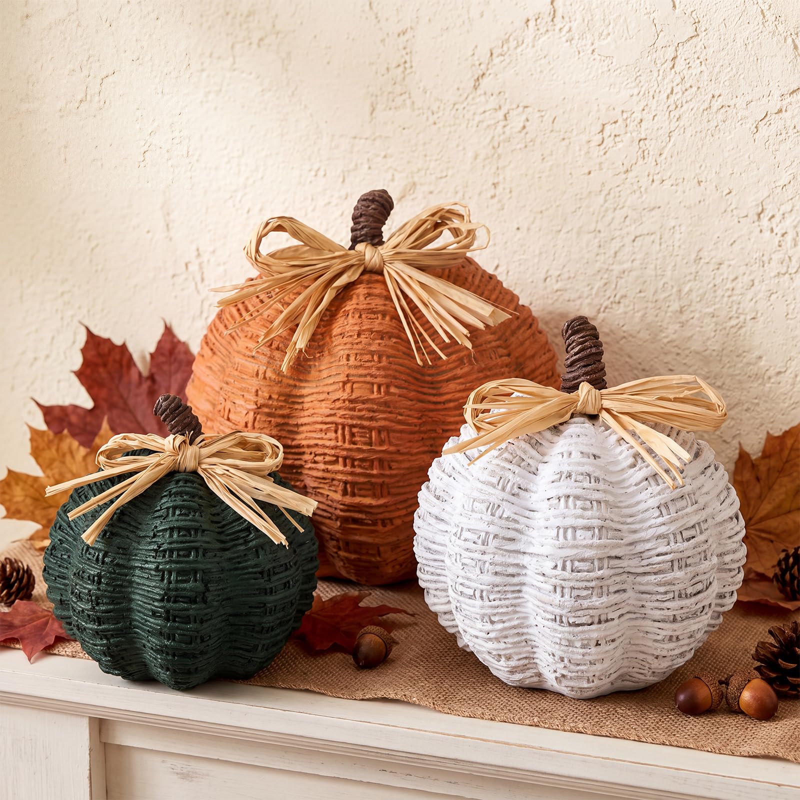 Photo 1 of 3 Pcs Thanksgiving Rattan Wicker Pumpkin, Fall Table Decor, Retro Color