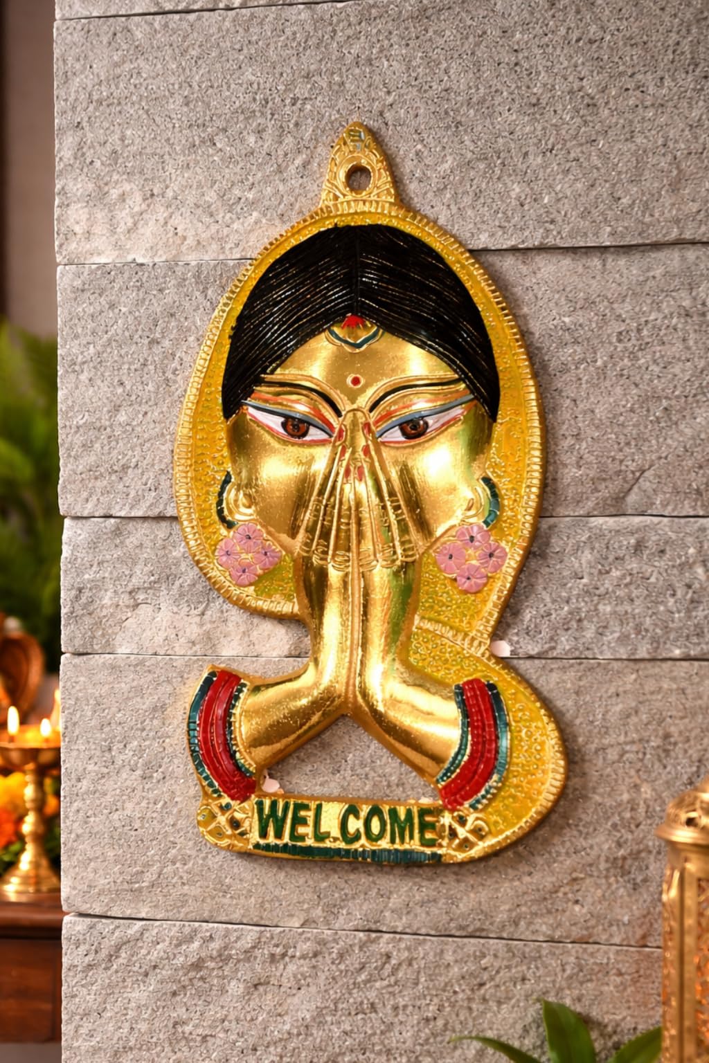 Welcome Lady Wall Hanging, Gold, Aluminium, Namaste Pose, Indian