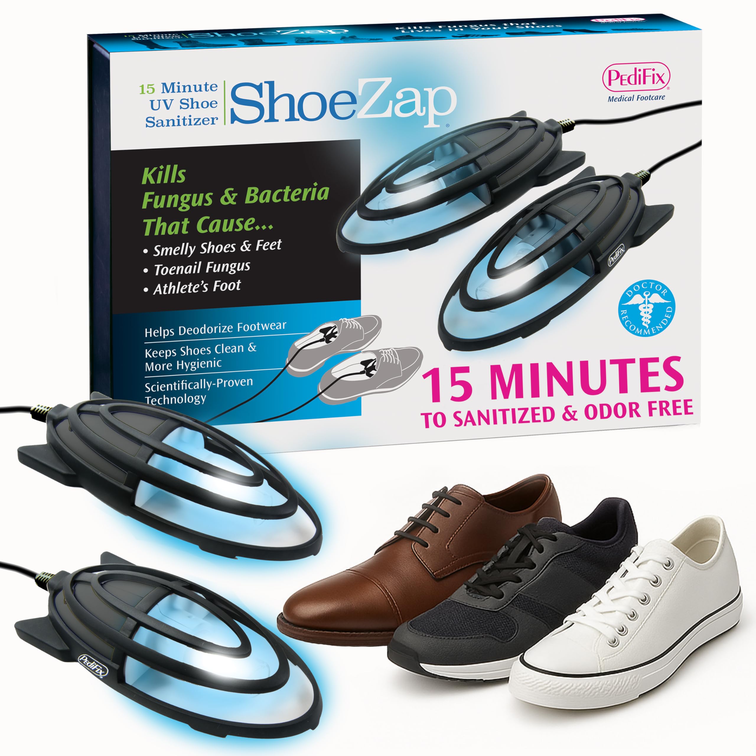 Pedifix ShoeZap Clinically Proven Germicidal Light Technology, 15 Minute UV (Ultraviolet) Shoe Sanitizer that Eliminates Odor Causing Germs, Bacteria, and Fungus