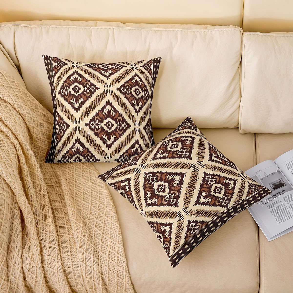 Set of 2 Ikat Pillow Covers 24x24 Aztec Throw Pillow Covers Floral Geometric Brown Ethnic Embroidery Cushion Covers Traditional Oriental Traditional Abstract Cushion Cases for Man Woman