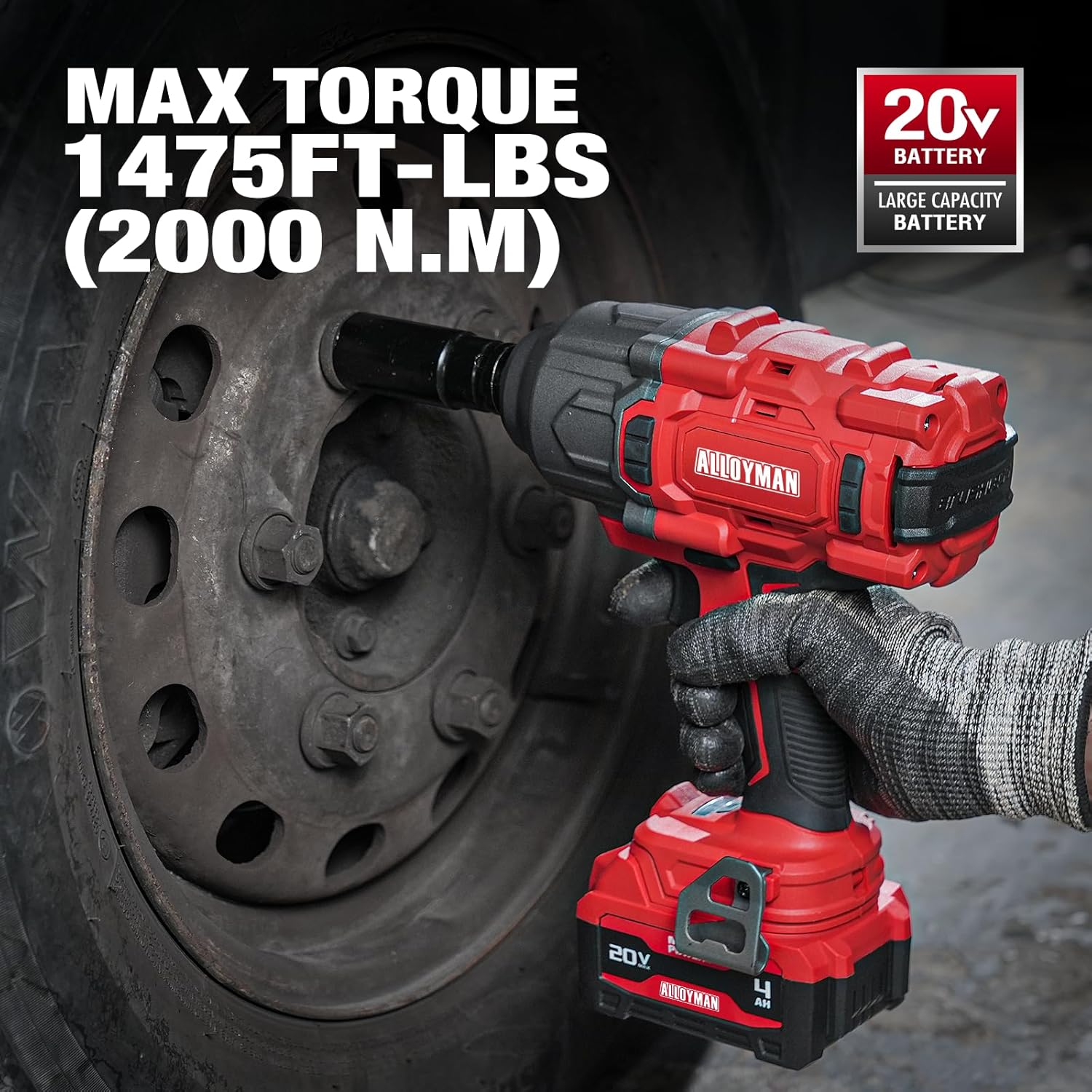 Alloyman Cordless Impact Wrench, 1475Ft-lbs (2000N.m) 1/2 High Torque Brushless Impact Gun, 20V Power Impact Driver, 2*4000mAh Battery,3 Sockets, Brushless Motor Variable Speeds for Car/Truck RV/Mower