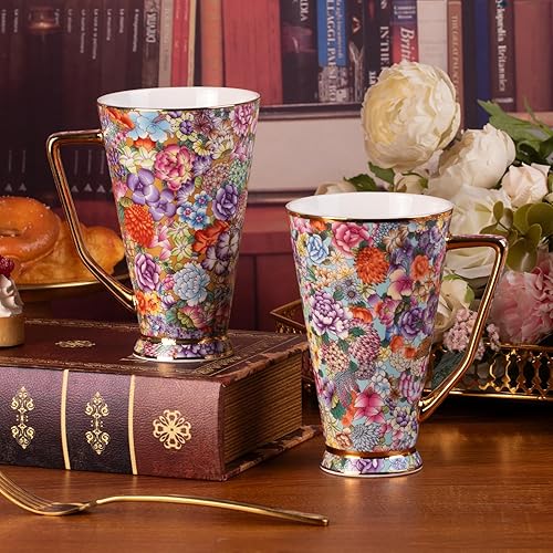 Miniatura 7 de KAMMAK Tazas de café de cerámica de 20 onzas de alto, juego de 2 tazas de té grandes con asa, tazas de té vintage, taza de capuchino para latte,