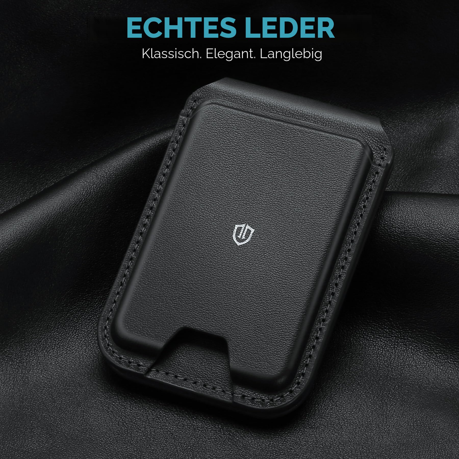 SHIELDON Echtleder Kartenhalter für MagSafe Wallet, Verstellbarer Magnetische Wallet Stand [RFID Blocker] [ID-Fenster] [Starke Haftung] für iPhone 17/16/15/14/13/12 Serie, Nicht für Mini - Schwarz