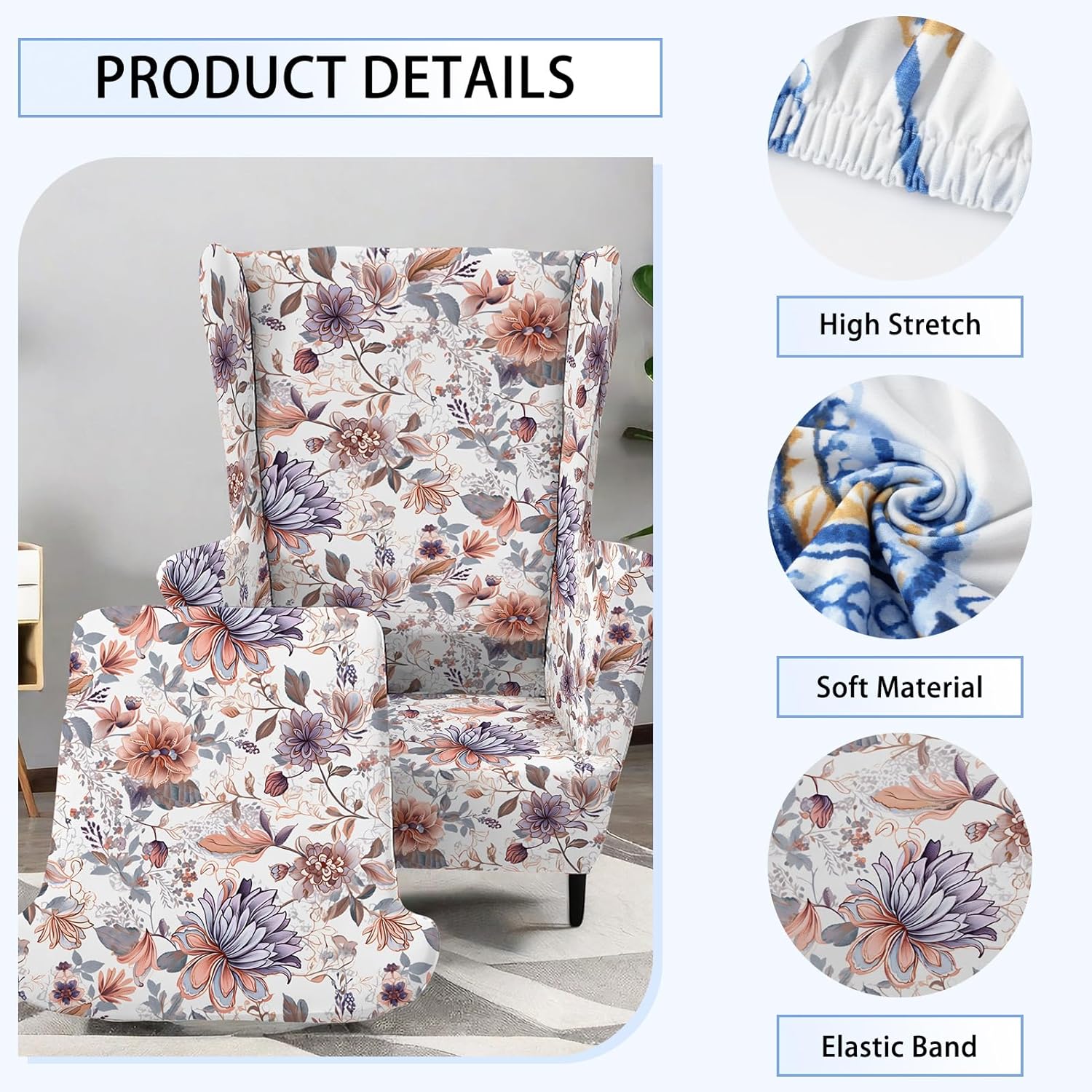 Printed Wingback Armchair Cover Slipper Chair Slipcover Farmhouse Washable Furniture Protector for Living Room Hotel Bedroom Orange Floral