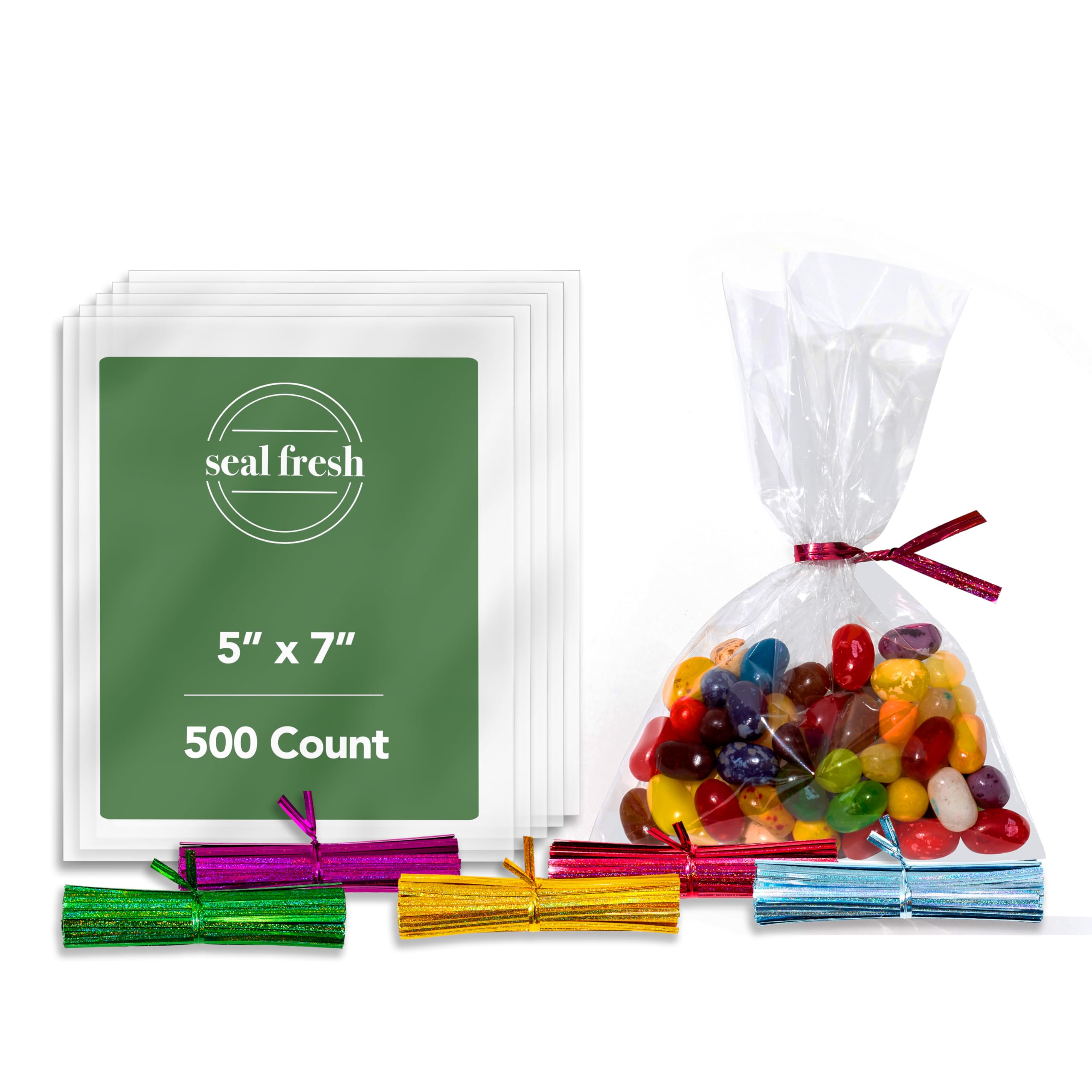 Seal Fresh Cellophane Treat Bags With 4" Holographic Laser Twist Ties (5 Colors) – 5" x 7" (500 Count) – Clear Cellophane Bags, Cellophane Gift Bags