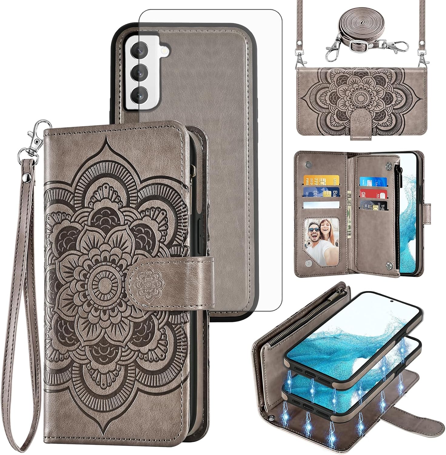 Asuwish Phone Case for Samsung Galaxy S22 5G Zipper Wallet Detachable Cell Cover with Tempered Glass Screen Protector Crossbody Strap Flower Card Holder Slot S 22 22S 4G G5 6.1 inch Women Girls Gray