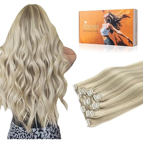 DOORES Hair Extensions Clip in Human Hair, Ash Blonde Highlighted Platinum Blonde 80g 7pcs 12 Inch, Clip in Hair Extensions Real Human Hair Straight Remy Hair Extensions Natural Hair Extensions