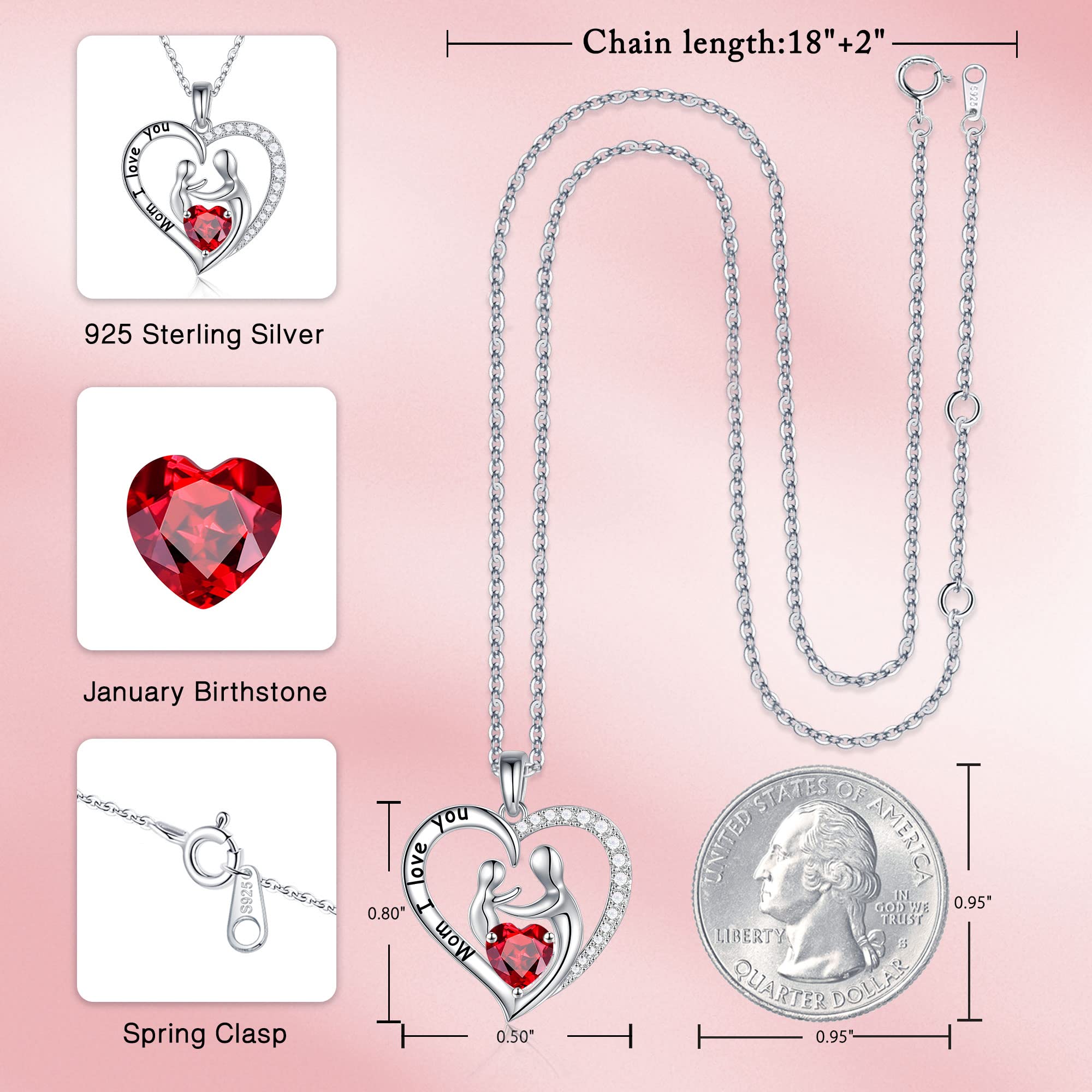 Iefil Collares de piedra natal para mamá, plata de ley 925, colgante de corazón, collar de piedra natal para mamá, plata de ley, granate, Plata esterlina, Granate