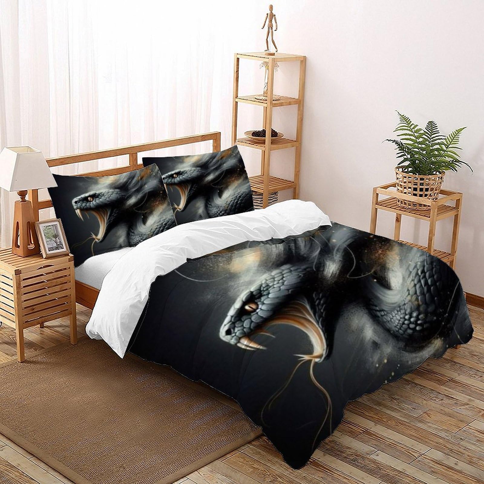 Housse de couette serpent noir 220x240 cm King en microfibre à motif animaux 3D