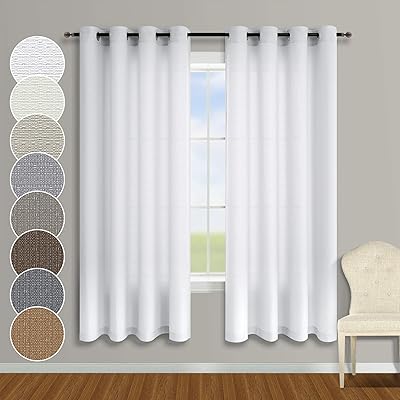 KOUFALL White Semi Sheer Curtains 63 Inch Length for Bedroom 2 Panels Grommet Faux Linen Cotton Privacy Light Filtering White Textured Curtains for Living Room Kids Nursery