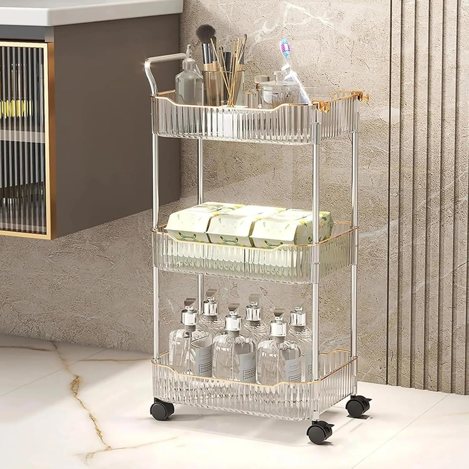 Carrito rodante organizador de baño, carrito de almacenamiento transparente con ruedas y asa para cocina, dormitorio, oficina, lavandería, 2 niveles, diseño que ahorra espacio