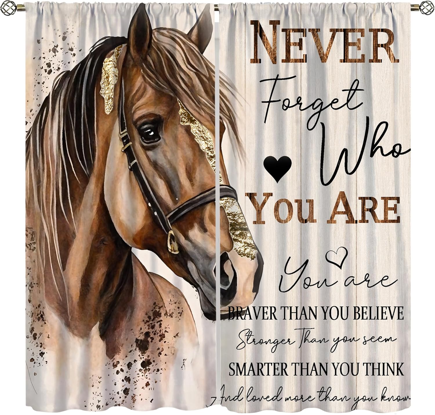 Farmhouse Horse Curtains, Rustic White Barn Door Western Farm Animal Horse Inspiration Quotes Print Window Treatment for Kitchen Living Room Bedroom Office Drapes, 42x45 Inch