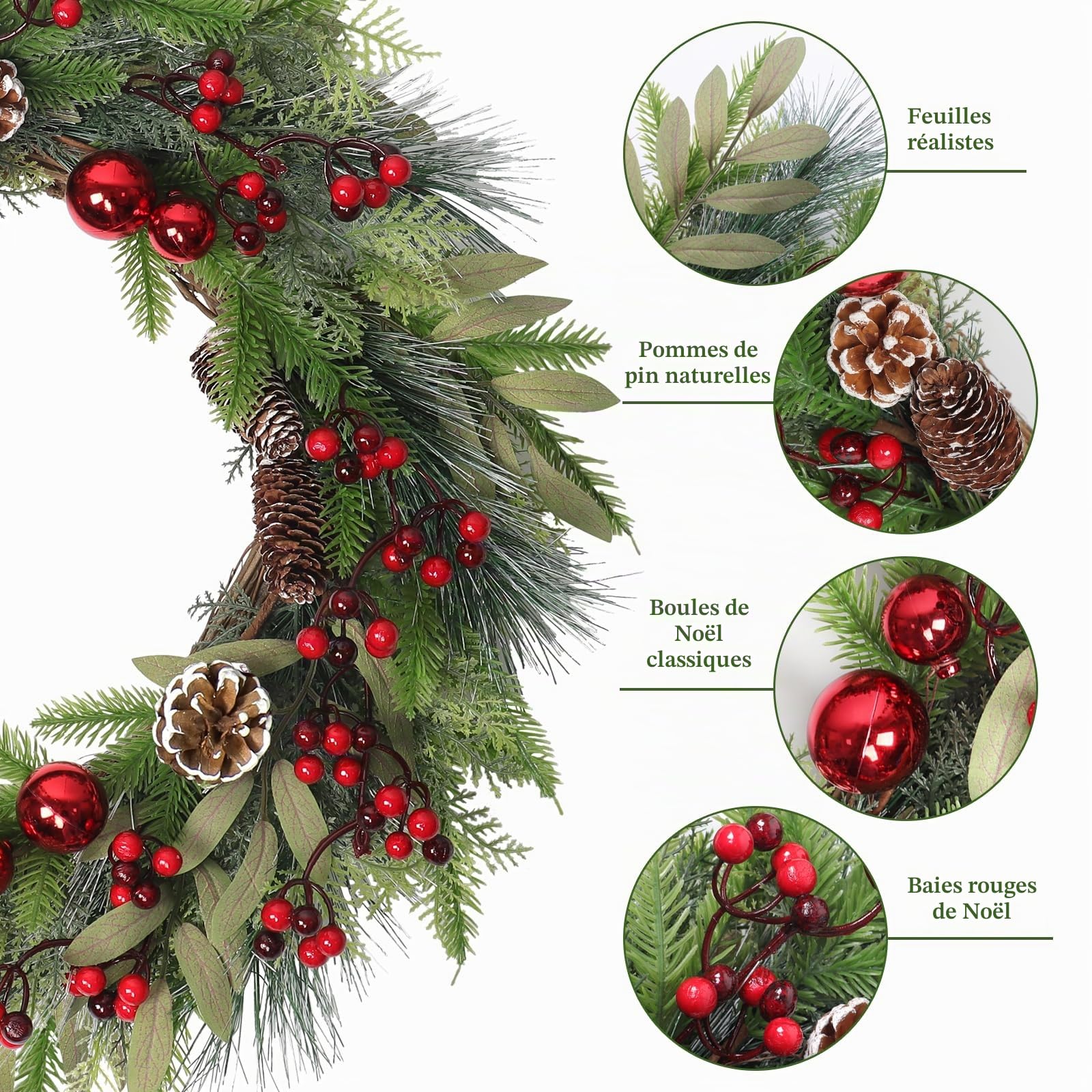 Weldomcor Grande couronne de Noël artificielle de 61 cm pour décoration de porte d'entrée, pommes de pin, aiguilles, baies, boule rouge, guirlande de Noël, festival, intérieur et extérieur, décoration