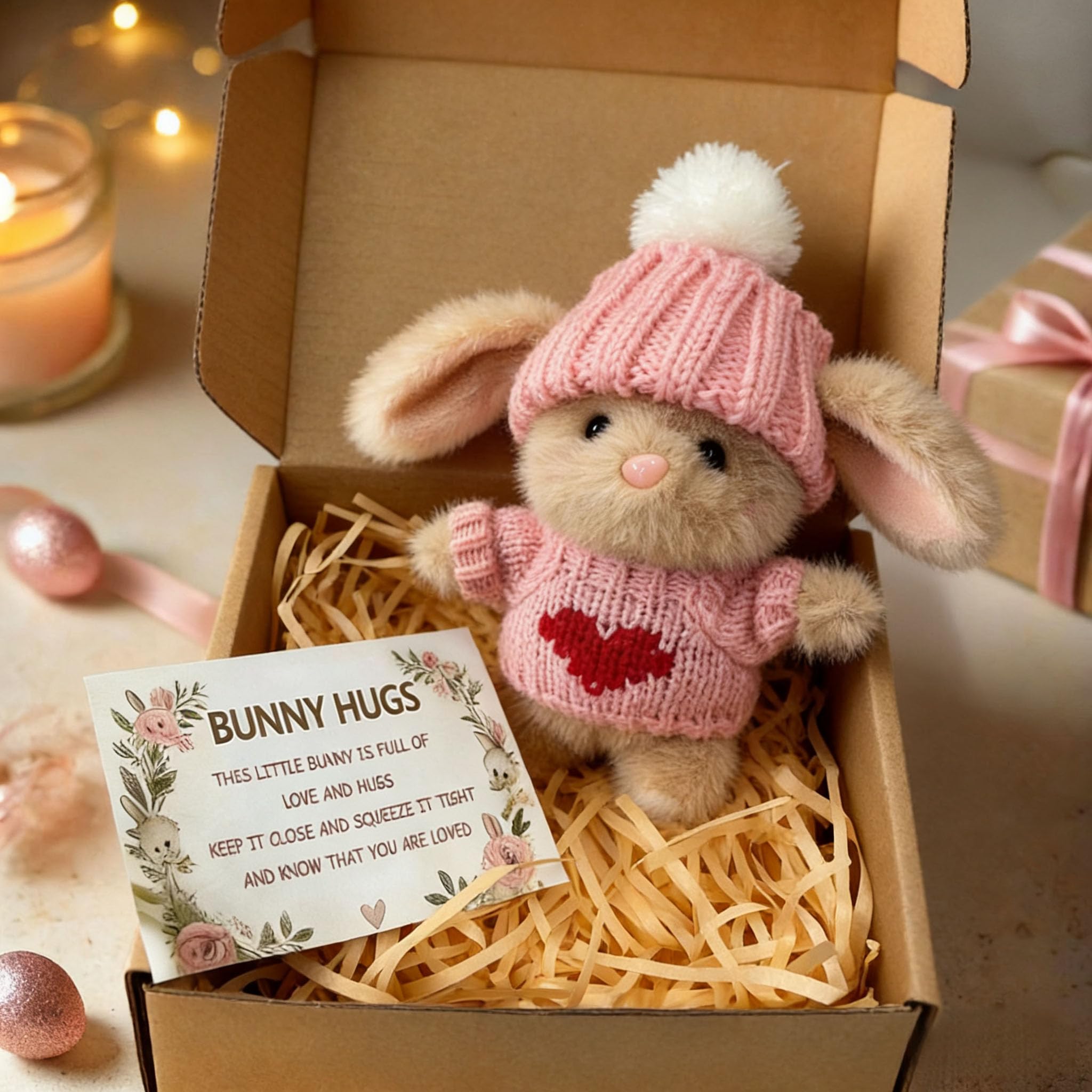 Handmade Mini Plush Bunny with Greeting Card, Soft Stuffed Rabbit, Gift Box for Birthday, Valentine's Day, for Kids and Adults (Blush Pink)