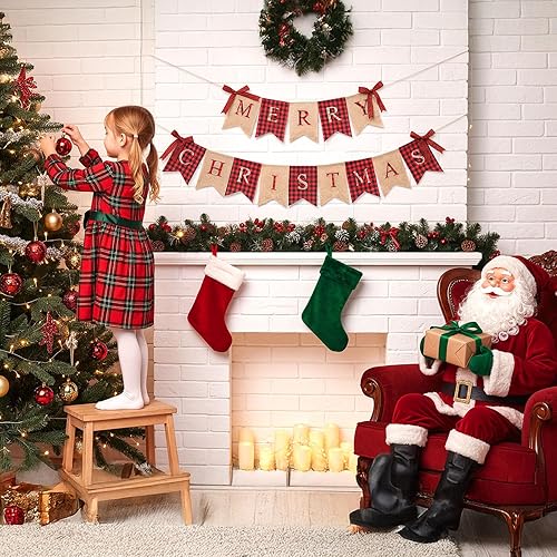 Miniatura 6 de Tatuo Guirnalda de arpillera de Navidad para chimenea, chimenea, pared, árbol, fiesta, interior, exterior, oficina, aula (lino y rojo)