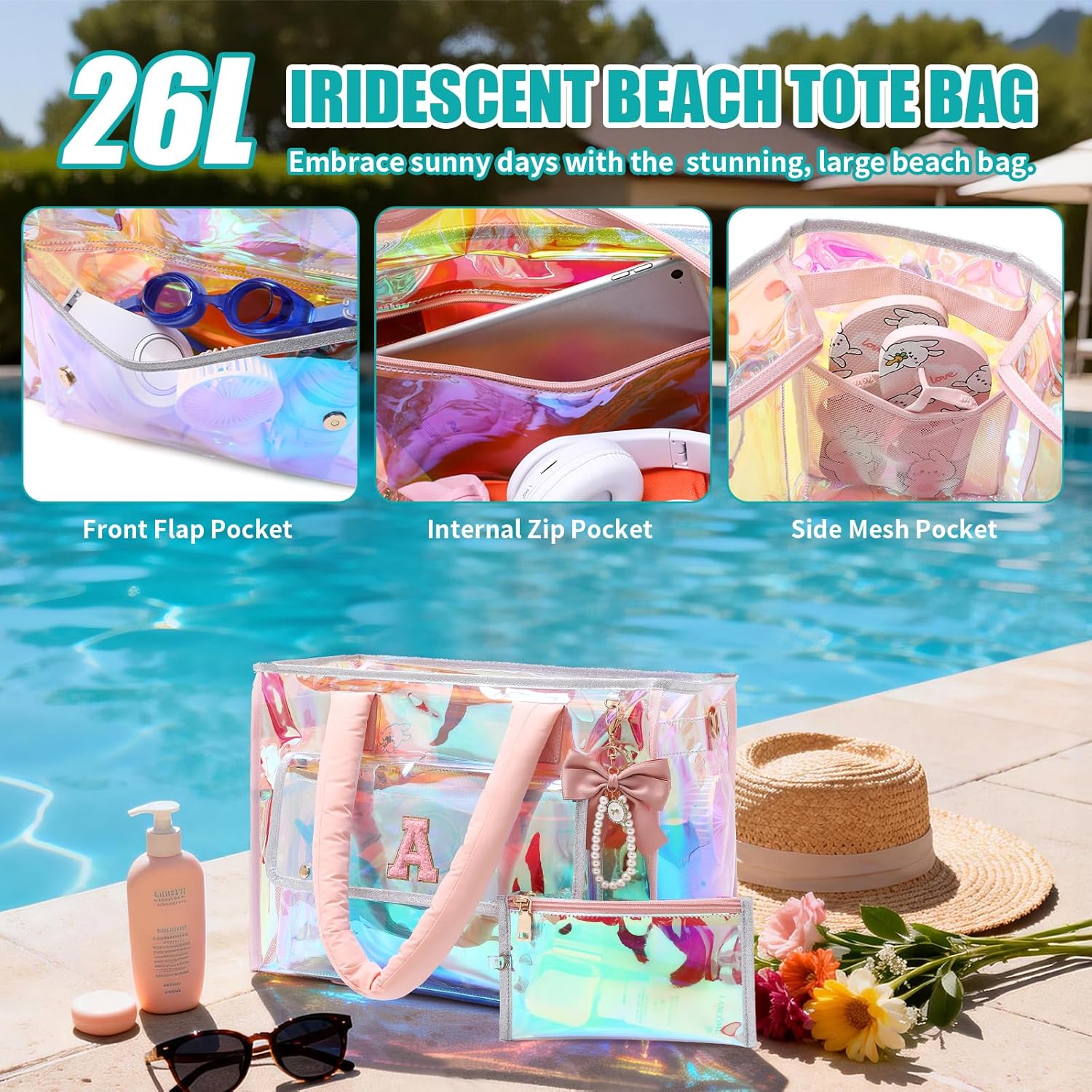 Iridescent Clear Beach Bag for Women, Large Waterproof Sandproof Beach Tote Tip-Proof Pool Bag for Travel Gym Cruise