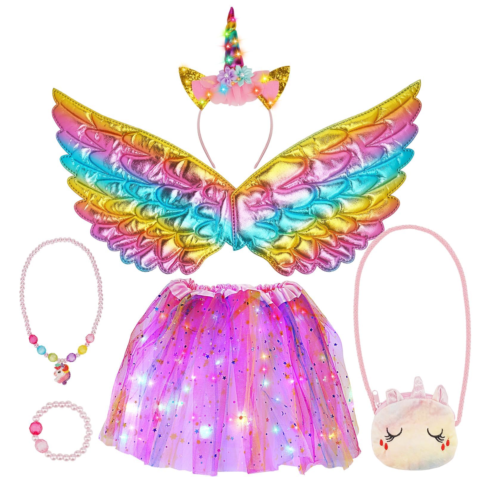 Kostium jednorożca, tęczowa spódnica tiulowa, dla dziewczynki, jednorożec, opaska na włosy, skrzydła na Halloween, karnawał, Cosplay, urodziny
