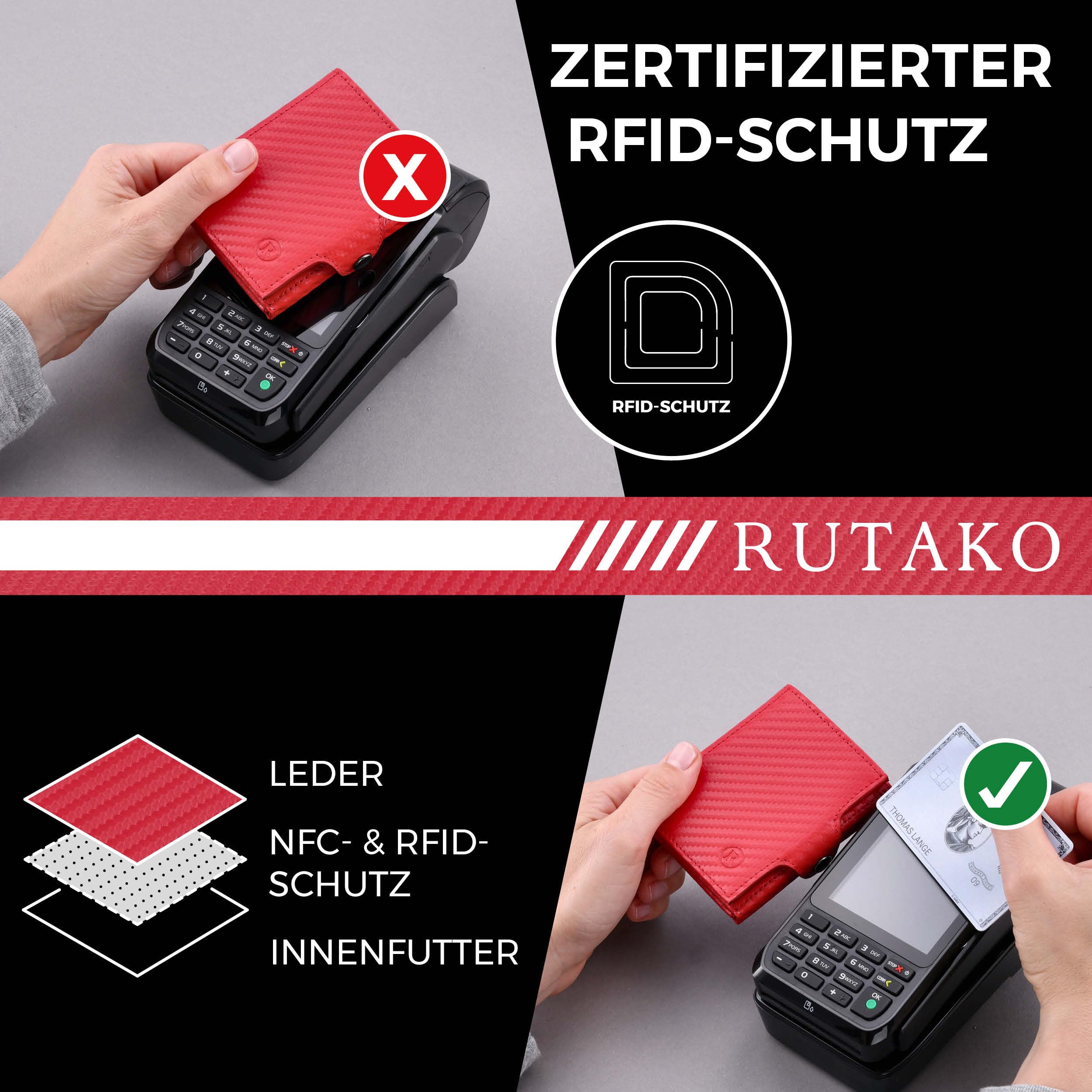 RUTAKO Slim Wallet mit XL Münzfach & RFID-Schutz - Kartenetui Herren & Damen - Kreditkartenetui klein - Mini Geldbörse - Portmonee Portemonnaie klein - Geldbeutel Carbon-Rot
