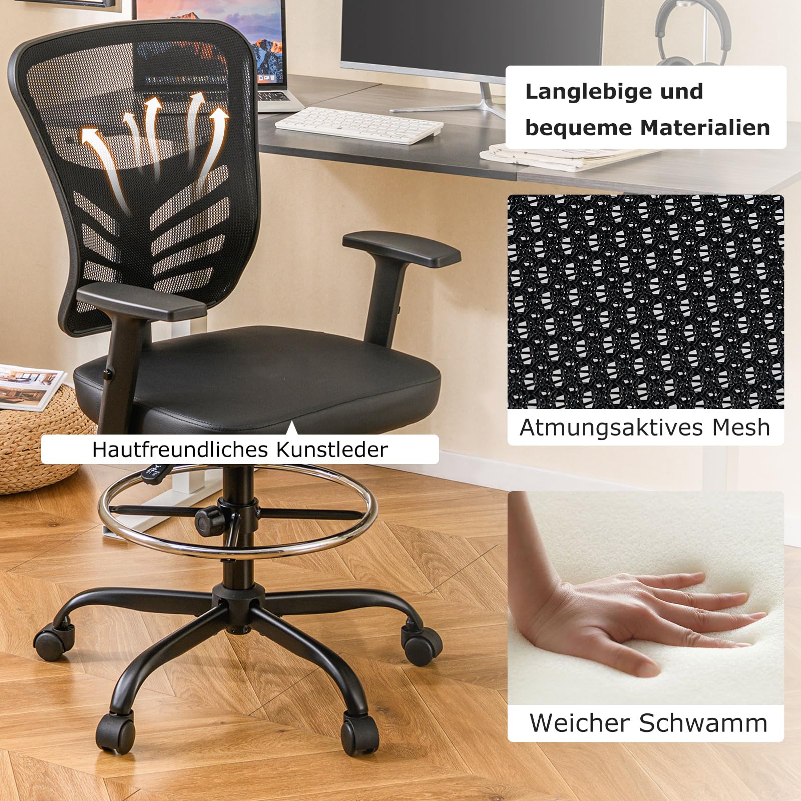 COSTWAY Arbeitsstuhl, Bürostuhl mit verstellbaren Armlehnen und Fußstütze, Sitzhöhe 54-75 cm, Hoher Drehstuhl, Computerstuhl, Schreibtischstuhl bis 150 kg Belastbar, Schwarz