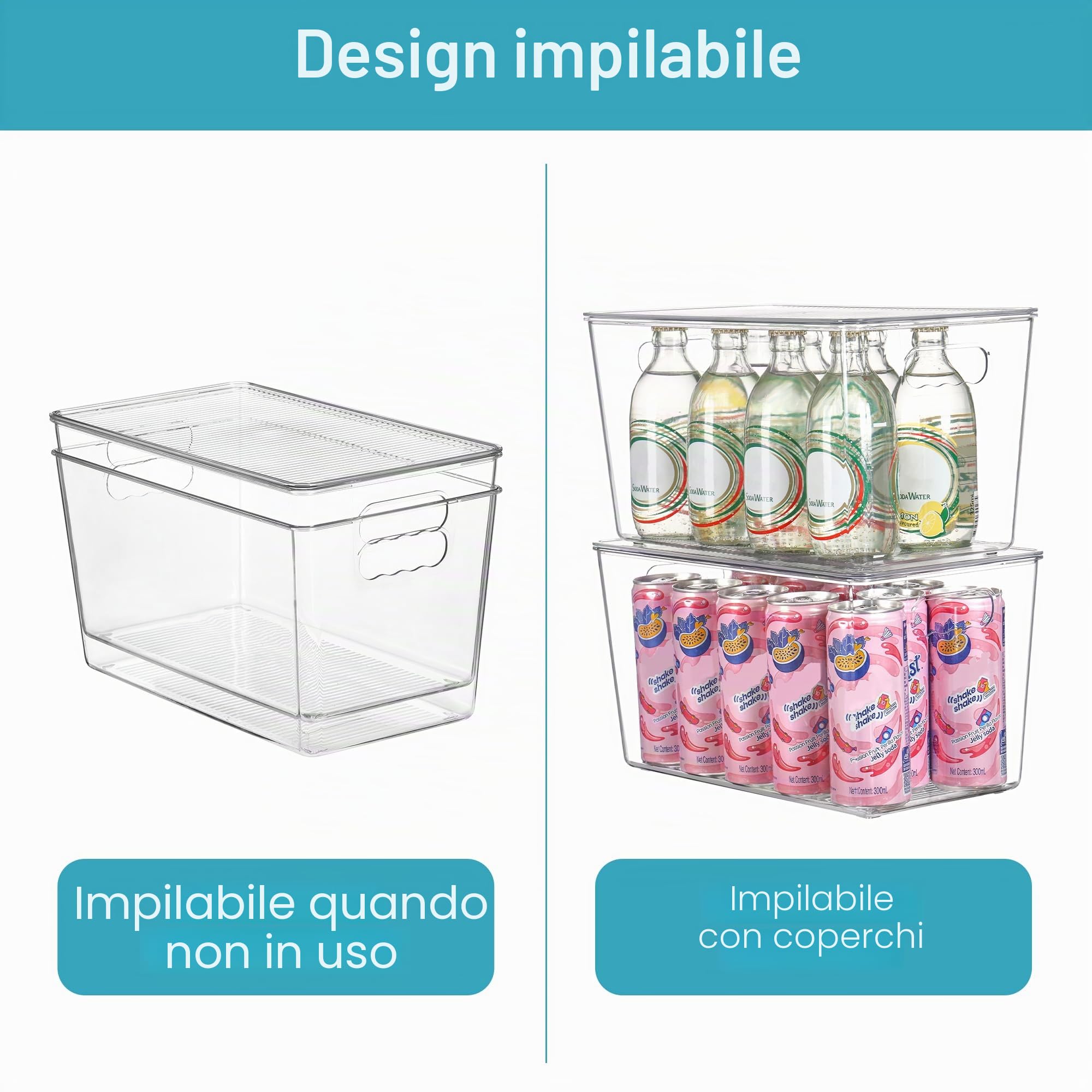 Vtopmart Set di 4 grandi contenitori per la conservazione in plastica trasparente con coperchi, impilabili con manico per dispensa, cucina, frigorifero, armadio, bagno, organizer sotto il lavello