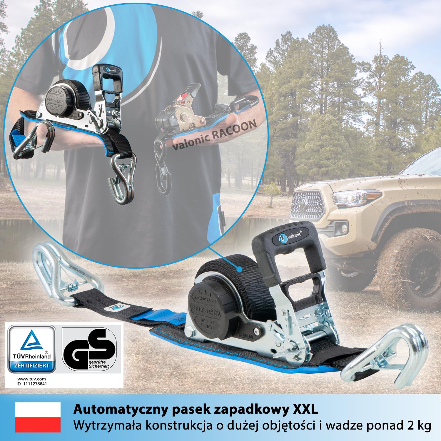 valonic GRIZZLY - XXL Automatyczny pas mocujący Premium z karabińczykiem, wyściełany, 2 sztuki, 5m, 35mm, 800/1600 kg, z grzechotką, EN-12195-2, czarny