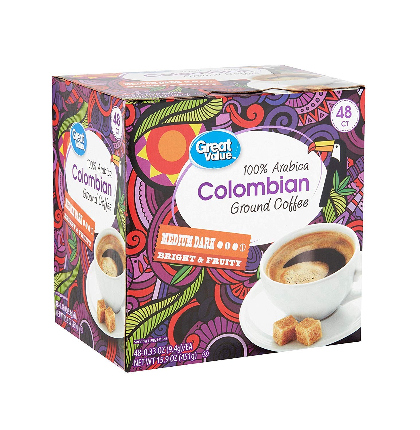 Great Value Medium Roast Single Serve Coffee Cups, 100% Colombian, 48 Ct
