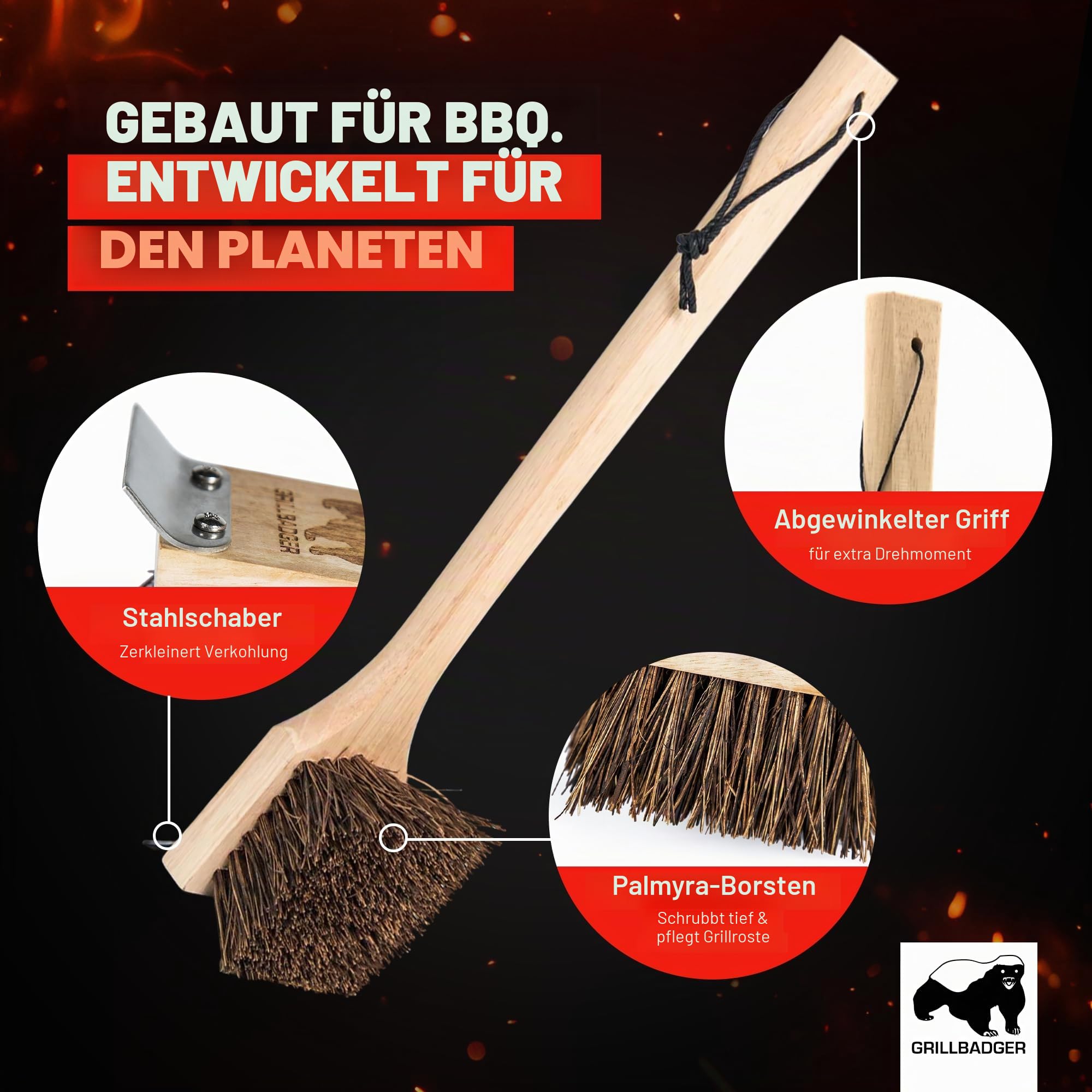 The Original Grillbürste für Grillroste im Freien, hitzebeständige Grill-Reinigungsbürste, langlebiger Grillreiniger aus Holz mit Schaber, sicher für Gusseisenroste – Naturholz