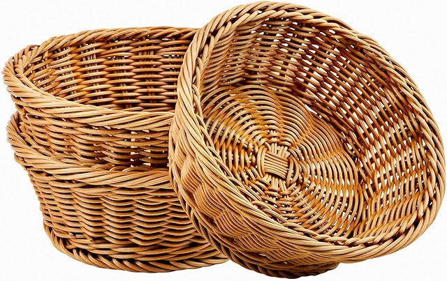 WANDIC Woven Basket, 3 Pcs Poly-Wicker Bread Storage Baskets For Food Fruit Vegetables, Shallow Shop Supermarket Display Serving Restaurant Home Kitchen, Round/Brown (20 * 20 * 7.5CM)