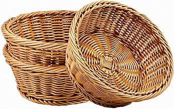 WANDIC 3 Pack Poly-Wicker Woven Baskets,Stackable Imitation Vine Bread Baskets Round Wicker Tray for Food Display Vegetables Home Kitchen Restaurant Outdoor(Brown/3 Sizes)