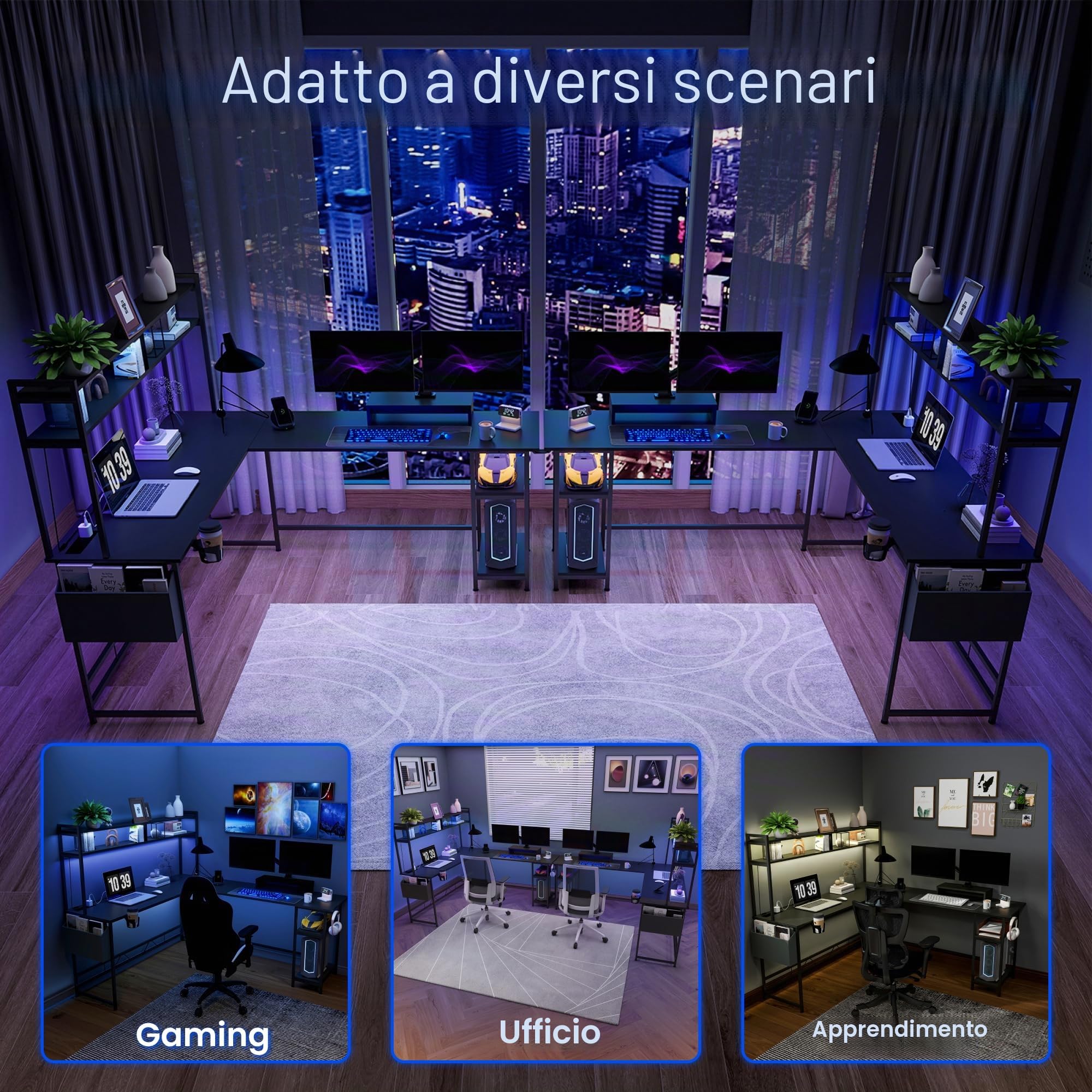 FLEXISPOT Scrivania Gaming Angolare LED 120x140 cm, Scrivania a L con Ripiani, Prese e Porte USB Integrate, Ganci e Portabicchieri, Tavolo Gaming Salvaspazio, Nero