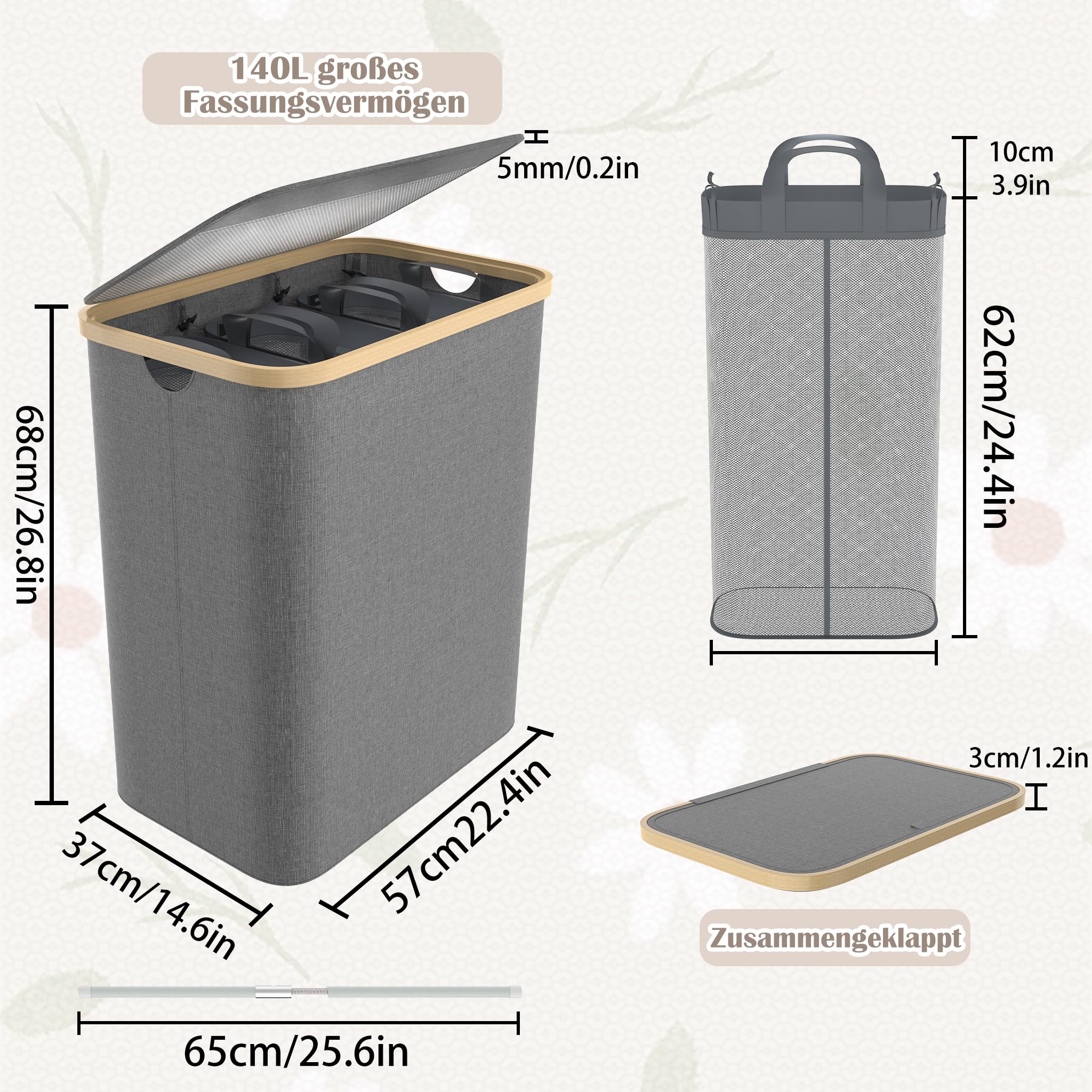 NAIZY Cesto portabiancheria con coperchio 140L, con 3 scomparti. Cesto per la biancheria lavabile e con maniglia estraibile, cesto portabiancheria rimovibile, separatore per biancheria, grigio