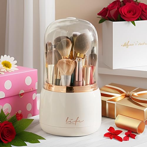 Miniatura 6 de WenkeDigi Soporte para brochas de maquillaje, organizador giratorio de 360 con tapa transparente, brillante a prueba de polvo, organizador de