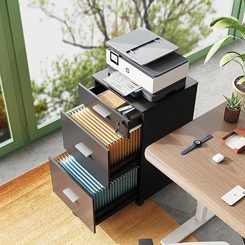 Miniatura 4 de DEVAISE Archivador de 3 cajones con cerradura, archivador de madera para tamaño cartaA4 para oficina en casa, color negro