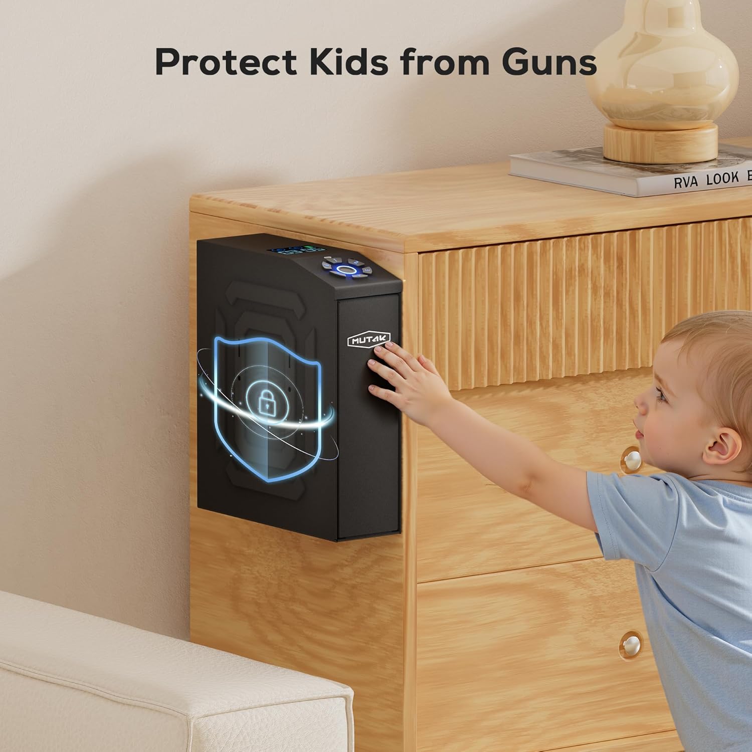 Biometric Gun Safe for Handgun with LCD Screen for Nightstand, Desk, Bed Side,Truck - Auto Sliding Door Hand Gun Safe for Pistol with APP/Fingerprint/PIN Code/KEY