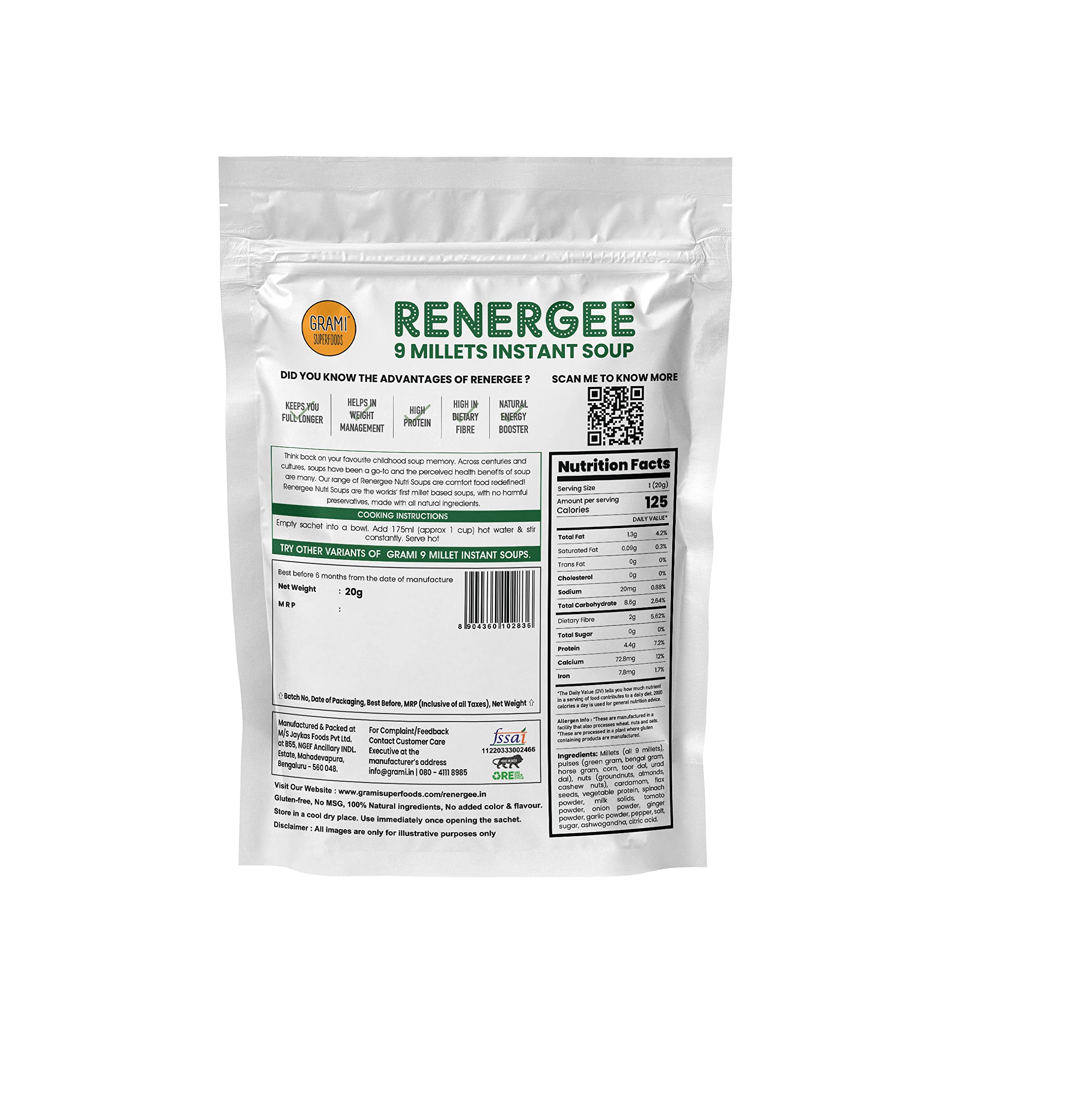 Grami Superfoods RENERGEE Millet Spinach Instant Soup Packets - Nutritious and Delicious Gluten-Free Soup Powder (20g*12 Pack) - Image 2 thumbnail