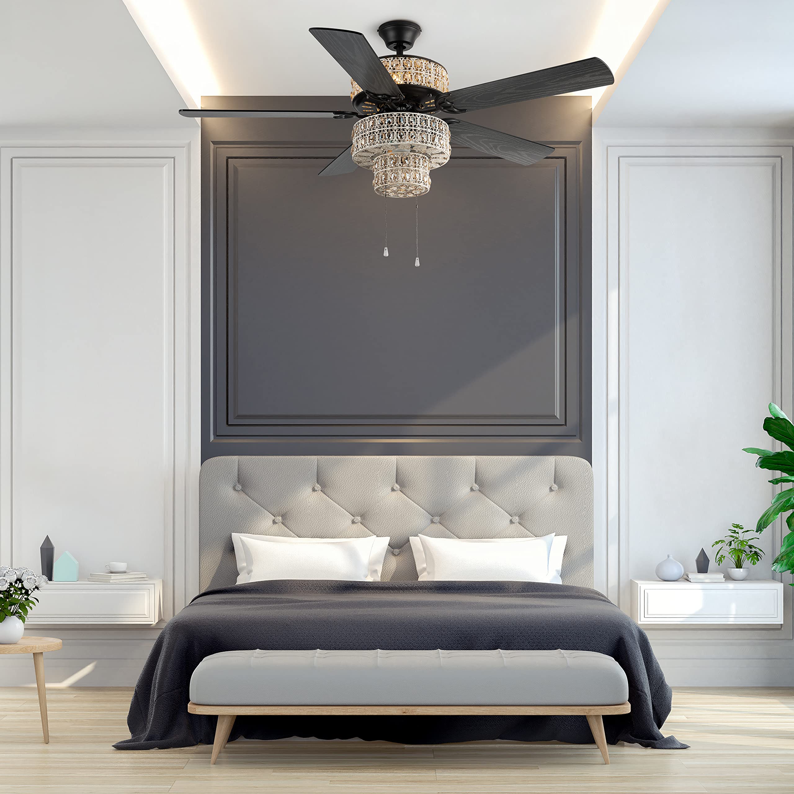 RIVER OF GOODS 52" Glam Double-Lit LED Ceiling Fan With Clear K-9 Crystal Caged Lights – Reversible Blades (Mahogany/Antique Black) – Dimmable Bulbs Included