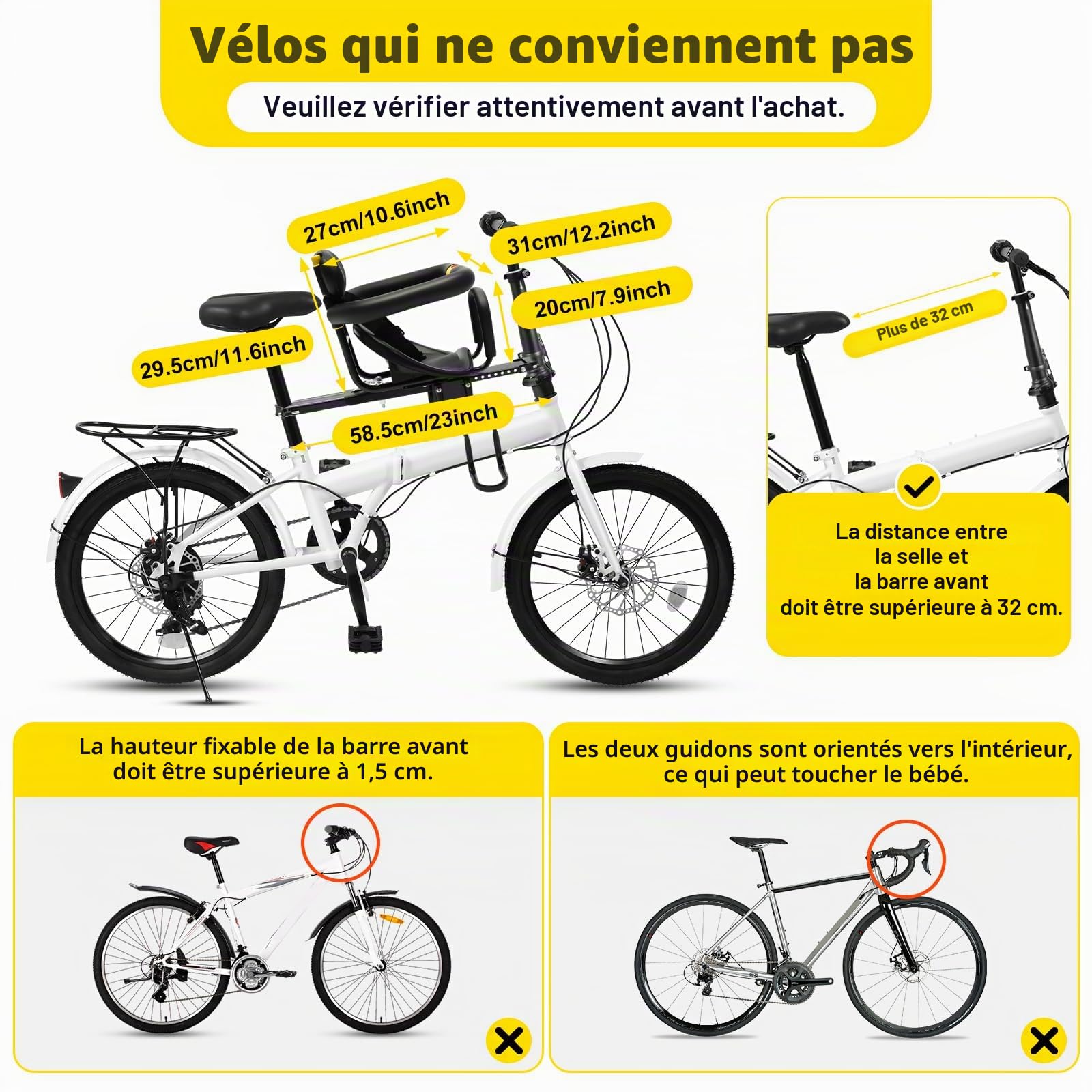 Siège enfant de vélo - Siège vélo pour enfant avant - Siège de sécurité avec poignée de sécurité pour enfants de 1 à 7 ans - Convient pour les VTT, vélos, véhicules électriques