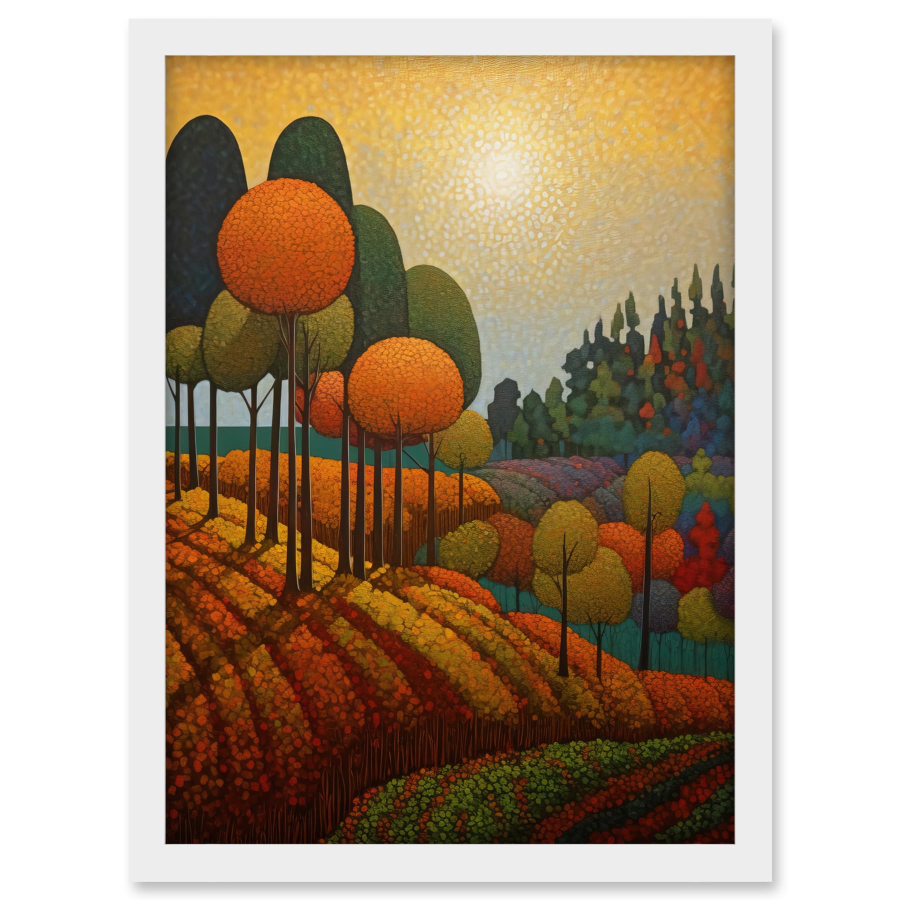 Artery8 Autumn Fields Pointillism Painting Amber Orange Green Countryside Landscape Artwork Framed A3 Wall Art Print