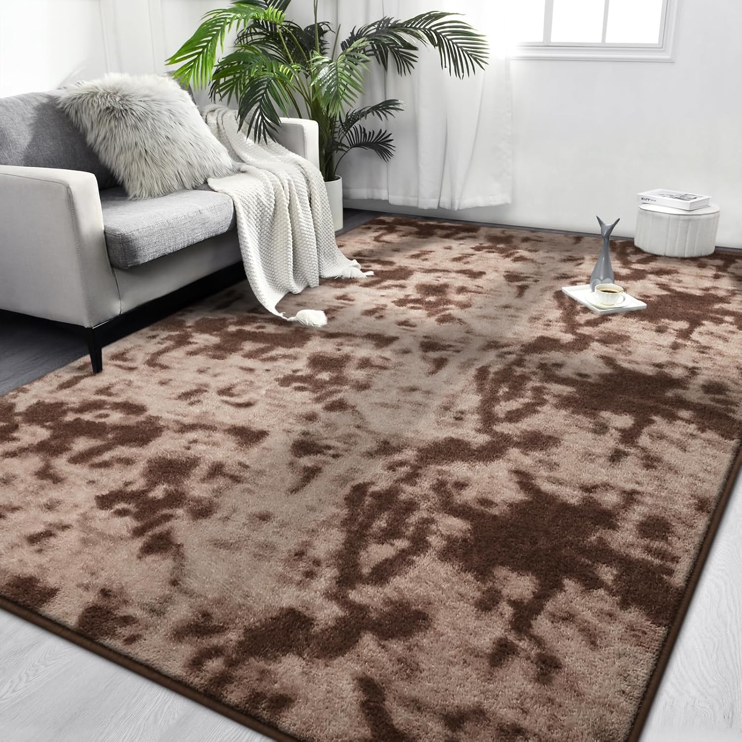 FlyDOIT Large Area Rugs for Living Room Bedroom, 7x10 Ft Tie-Dyed Brown Ultra Soft Comfy Thickened Memory-Foam Indoor Carpets, Cozy Modern Floor Rug for Boys Girls Playroom Dorm Nursery Home Décor 7 ft x 10 ft Brown