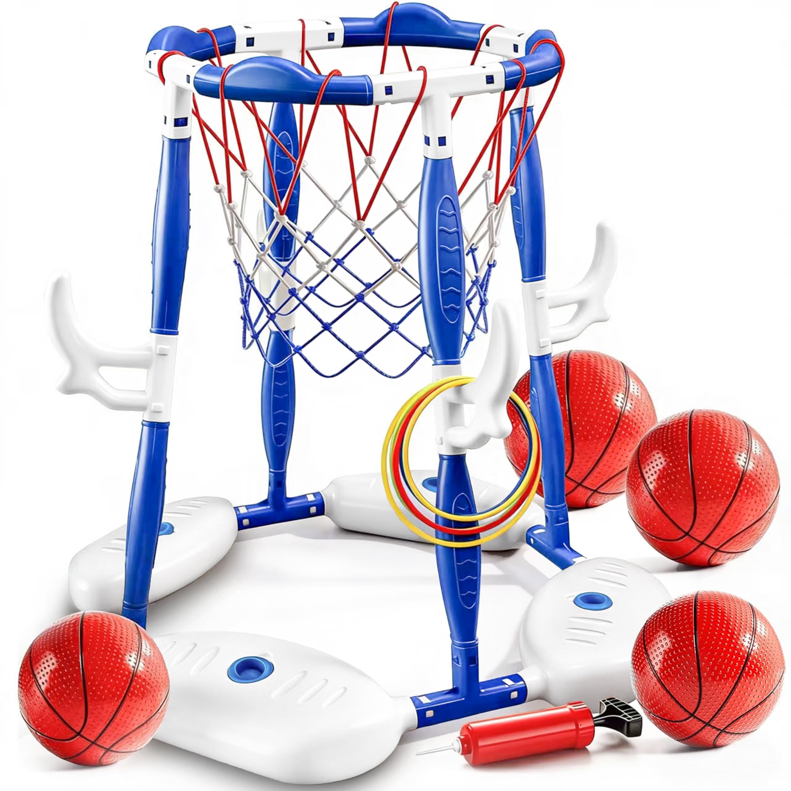 Aerilyo Floating Pool Basketball Hoop with Ring Toss game, 2-in-1 Swimming Pool Toys with 4 Balls, 12 Rings and Pump, Swimming Pool Games Outdoor Summer Water Games for Kids Adults Family