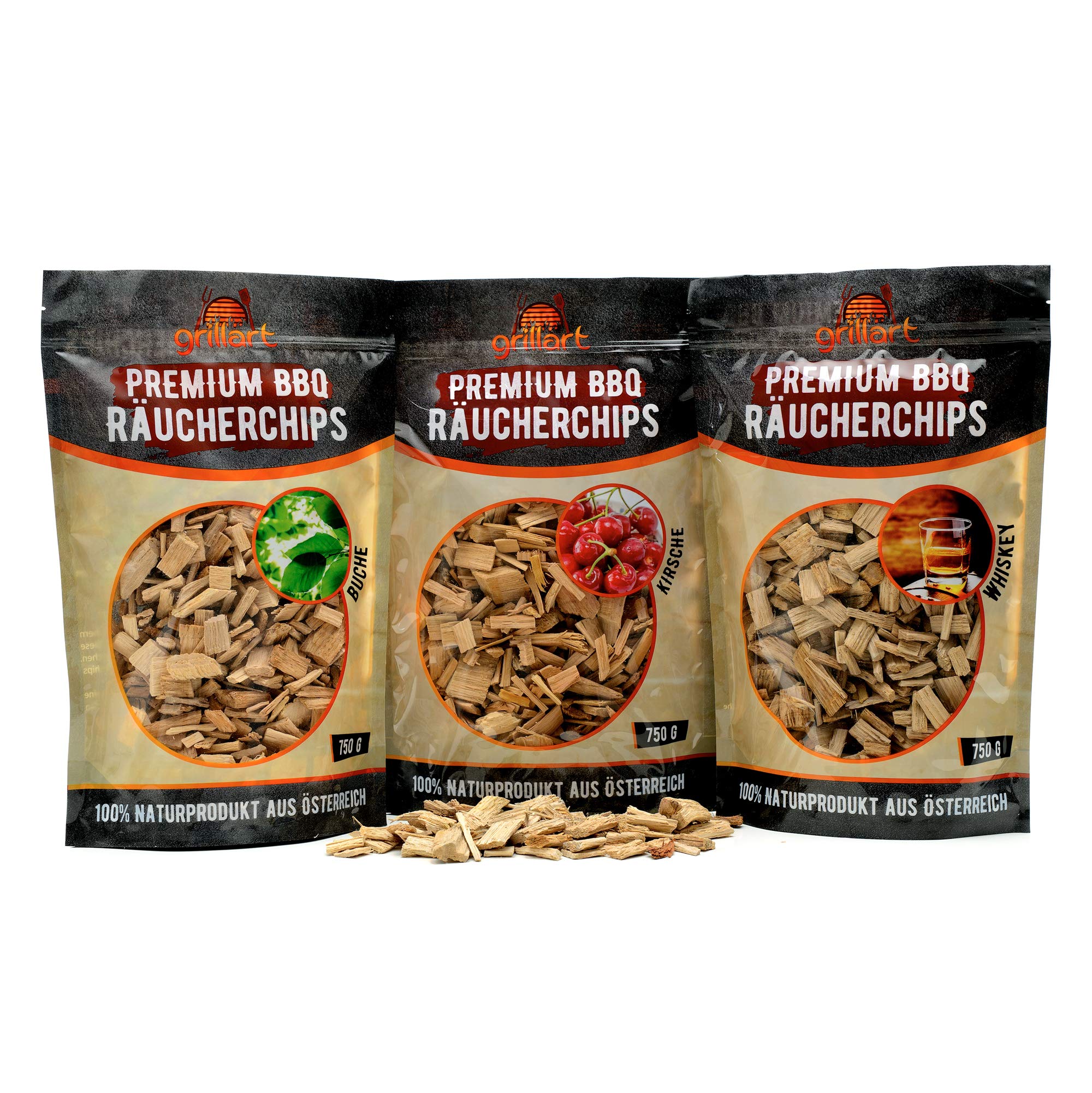 grillart® Premium BBQ Räucherchips XL Mix 3er Set für das besondere Raucharoma – sehr rauchaktives Räucherholz/Holzhackschnitzel – Vorteilspack 3X 750g Beutel
